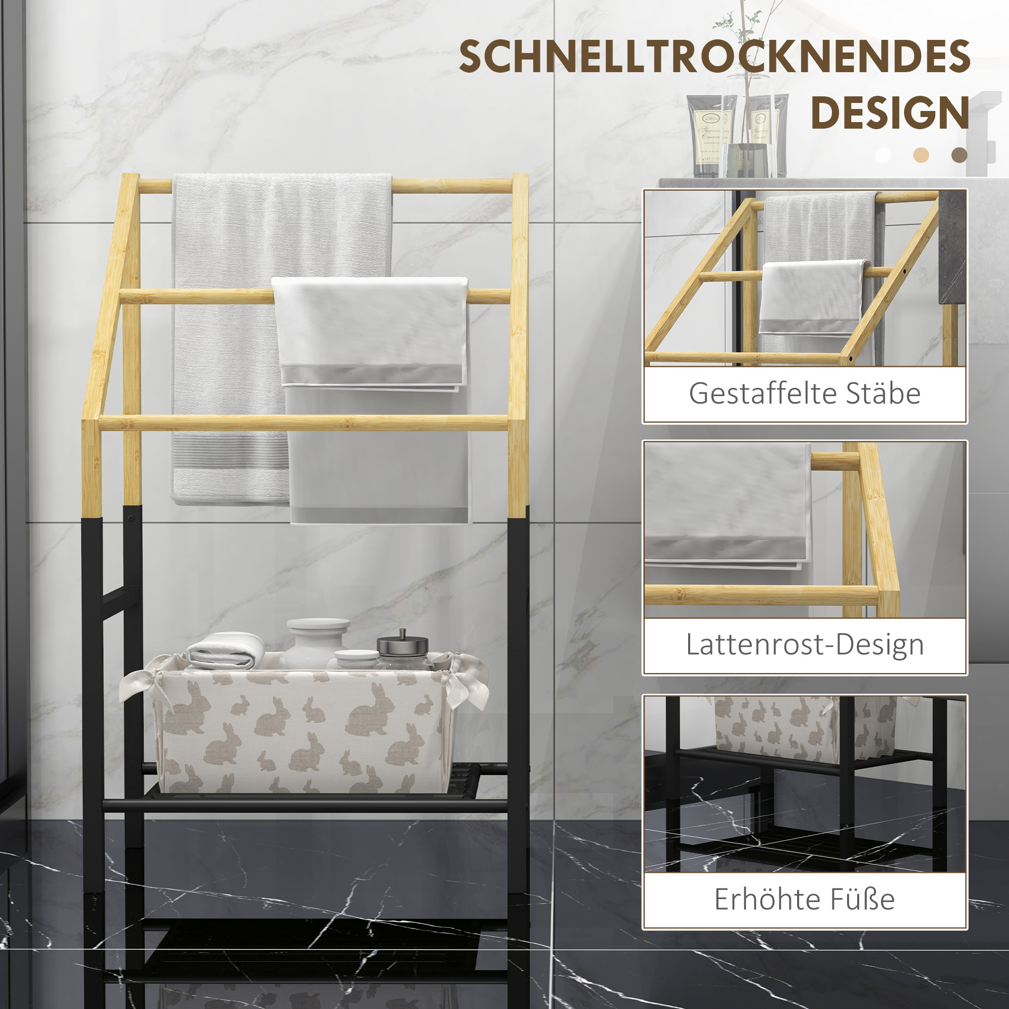 Handtuchhalter, freistehend, 3 Stangen, 51x31x85,5cm, Schwarz/Naturholz