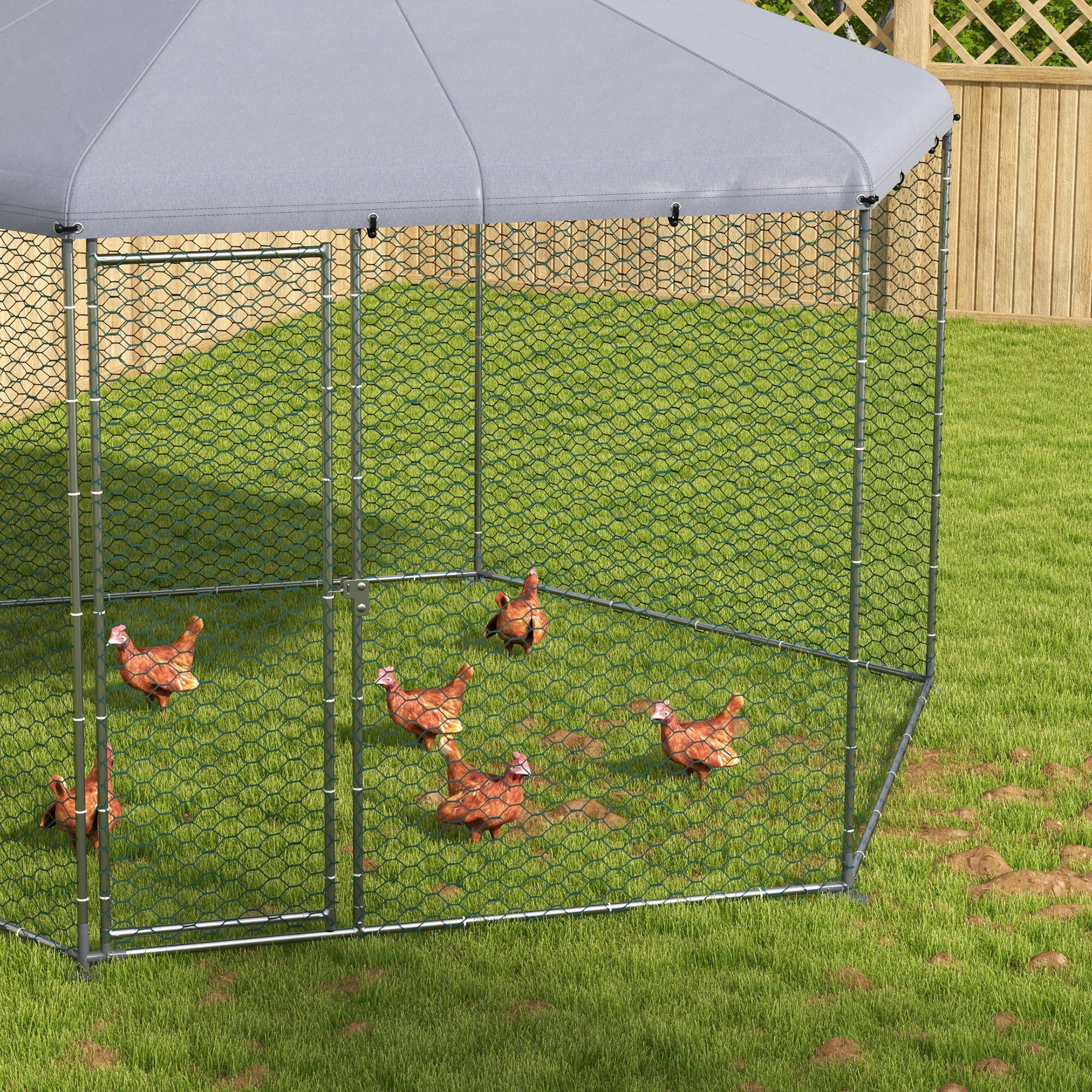 Hühnergehege mit schattenspendendem Dach, verzinktes Stahl, für 10-15 Tiere, Silber