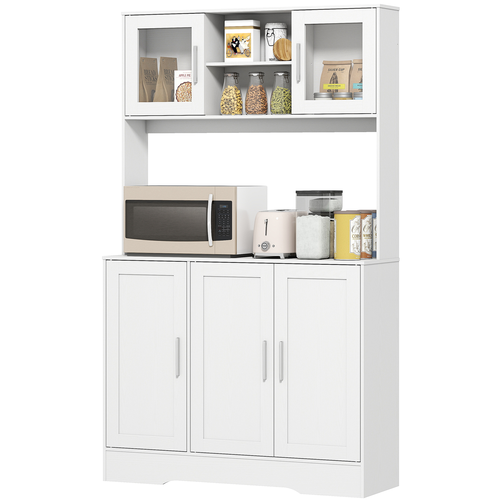 Küchenschrank, Skandinavisches Design, 4 Schränke, verstellbare Regale, Glastüren, offene Fläche, Spanplatte, MDF, Weiß