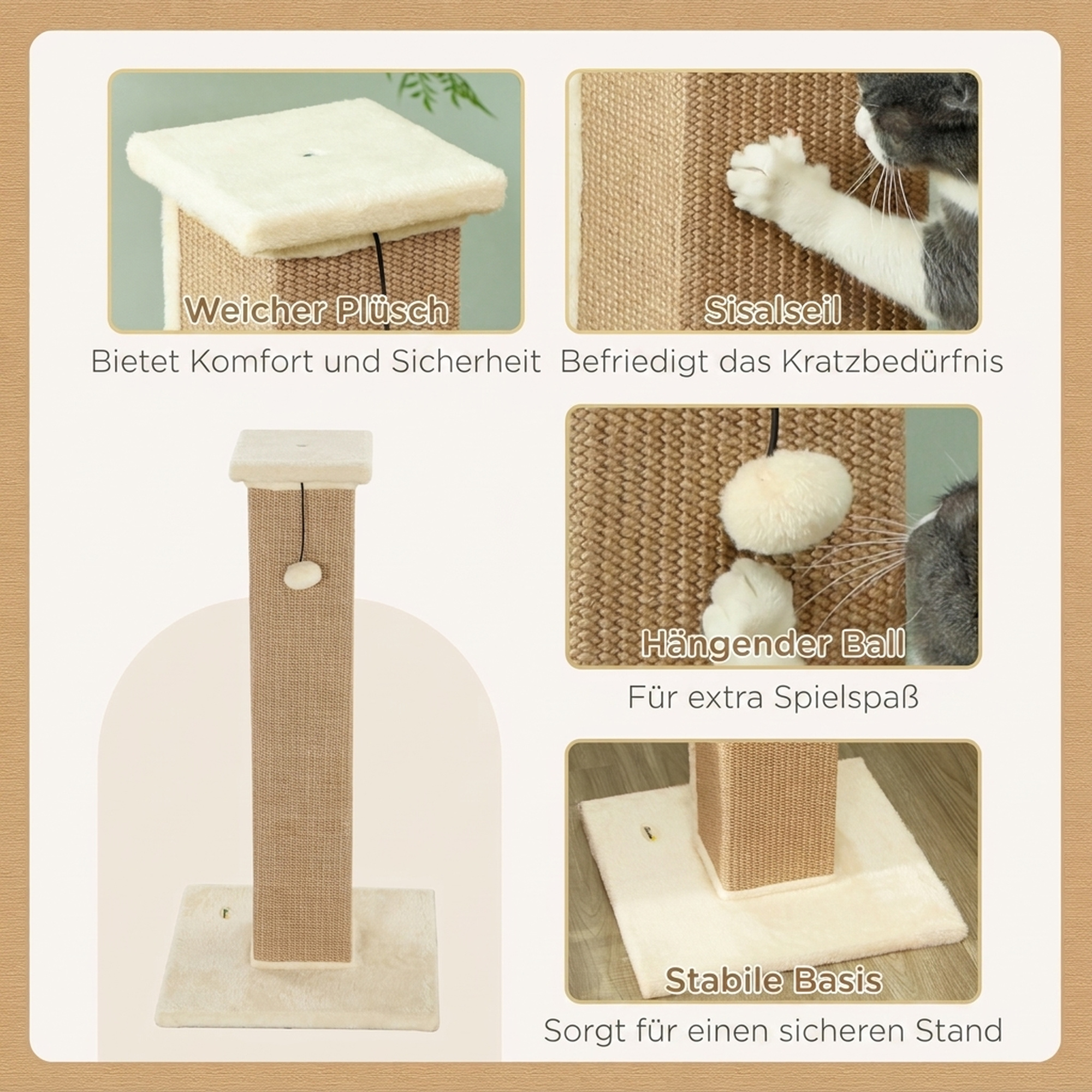 Kratzbaum Katzenbaum, inkl. Spielball, Plüsch, Jute, 41 cm x 41 cm x 81 cm, Beige