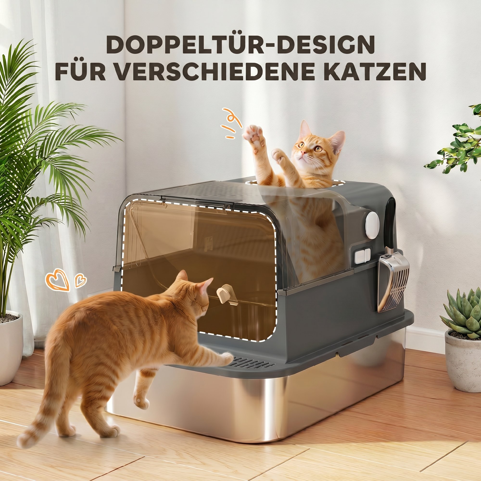 Katzenklo Edelstahl mit Deckel XXL 72L für große Katzen und Mehrere Katzen mit Doppeltüren Schaufel Pedal Anti-Leck