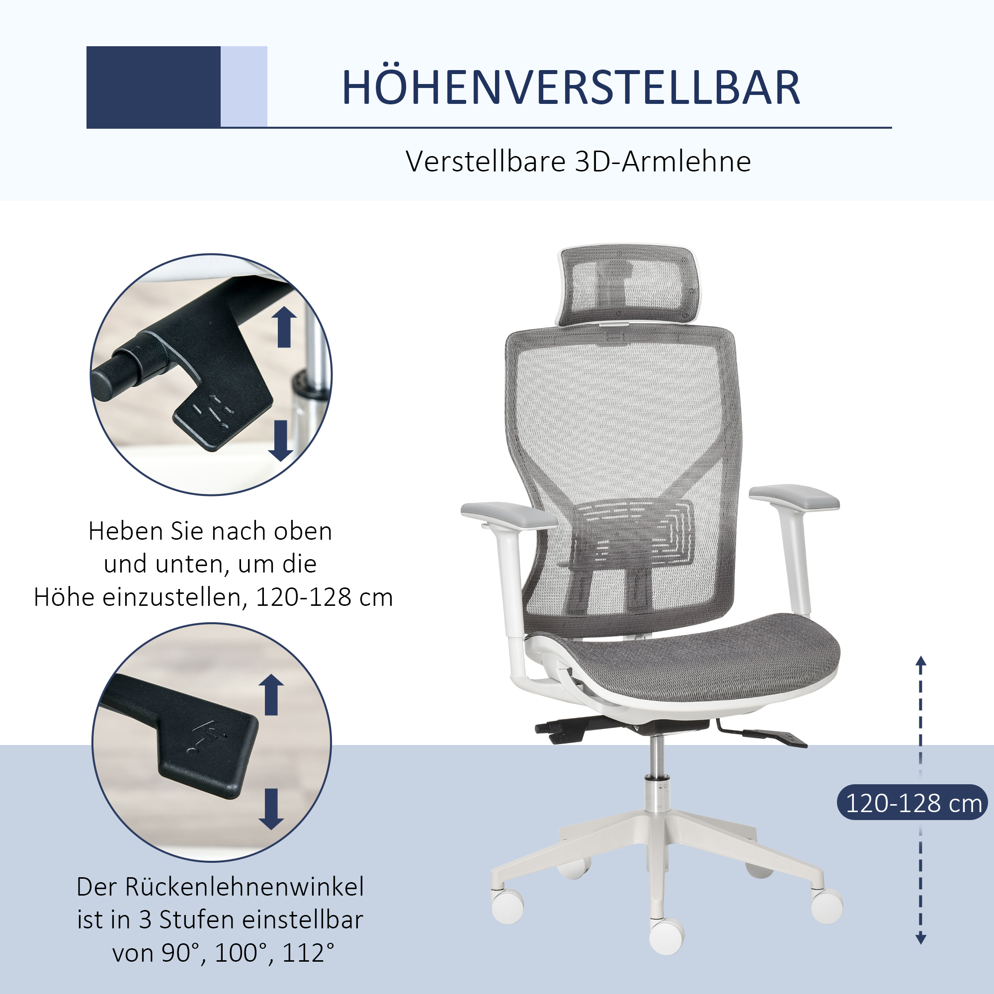 Bürostuhl Schreibtischstuhl Drehstuhl Gamingstuhl mit Kopflehne Lendenkissen 3D-Armlehne 3 Stufen 360°-Drehräder höhenverstellbar ergonomisch Mesh-Stoff Schaumstoff Grau 67 x 65 x 120-128 cm