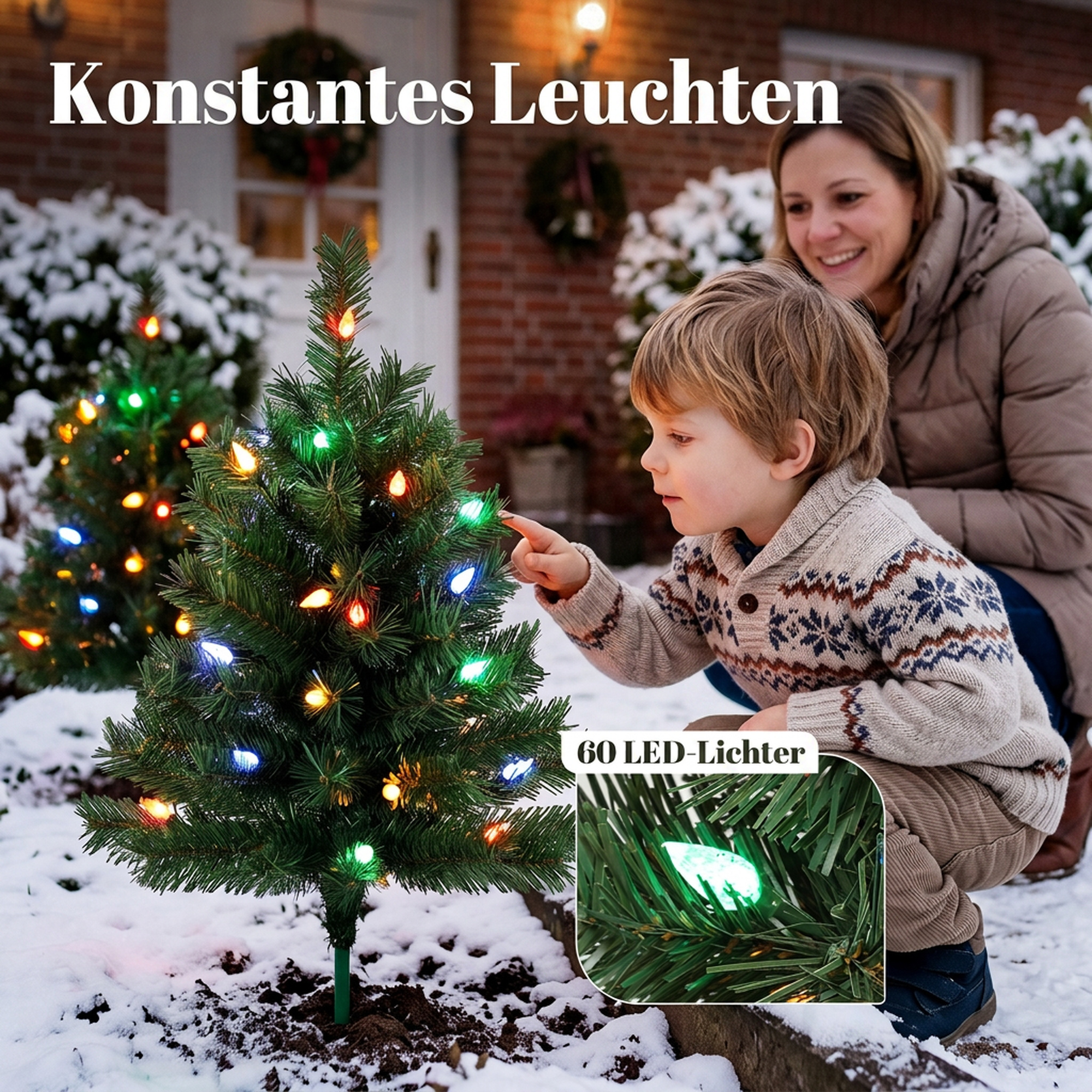 Beleuchteter Weihnachtsbaum 60 cm, 2er-Set, künstlich, mit 60 bunten LED-Lichtern, 130 Zweigspitzen, Grün