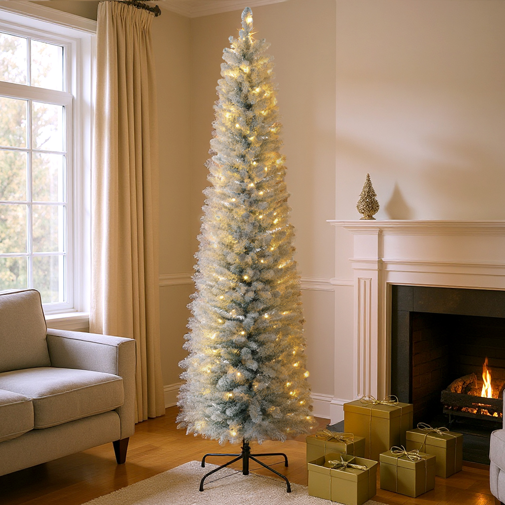 Weihnachtsbaum 210 cm, LED-Lichterkette, Kunstkette, flammhemmend, Metallbasis, Grün