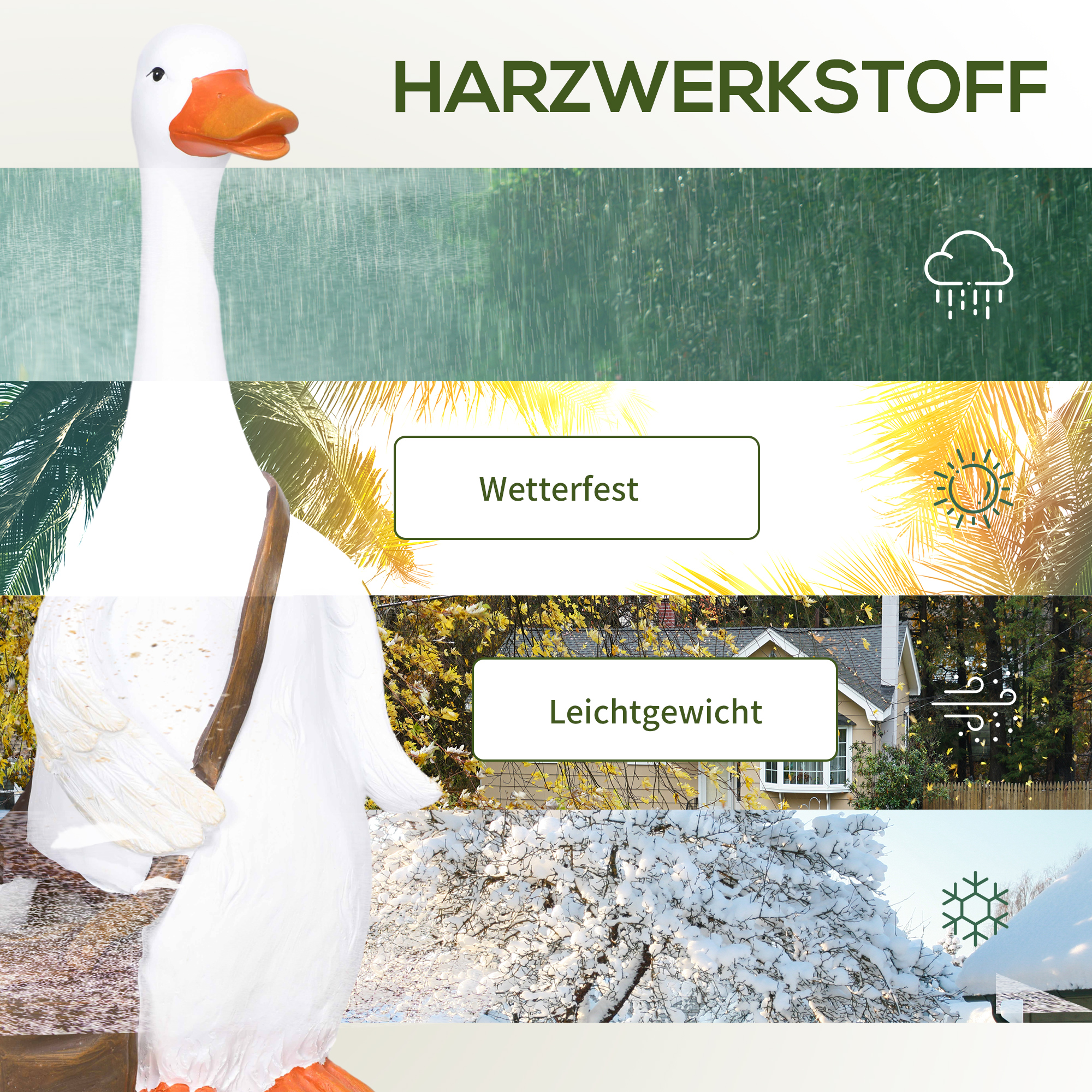 Blumentopf, Schwan mit Umhängetasche, wetterfest, 32 x 18 x 60 cm, Weiß, Braun