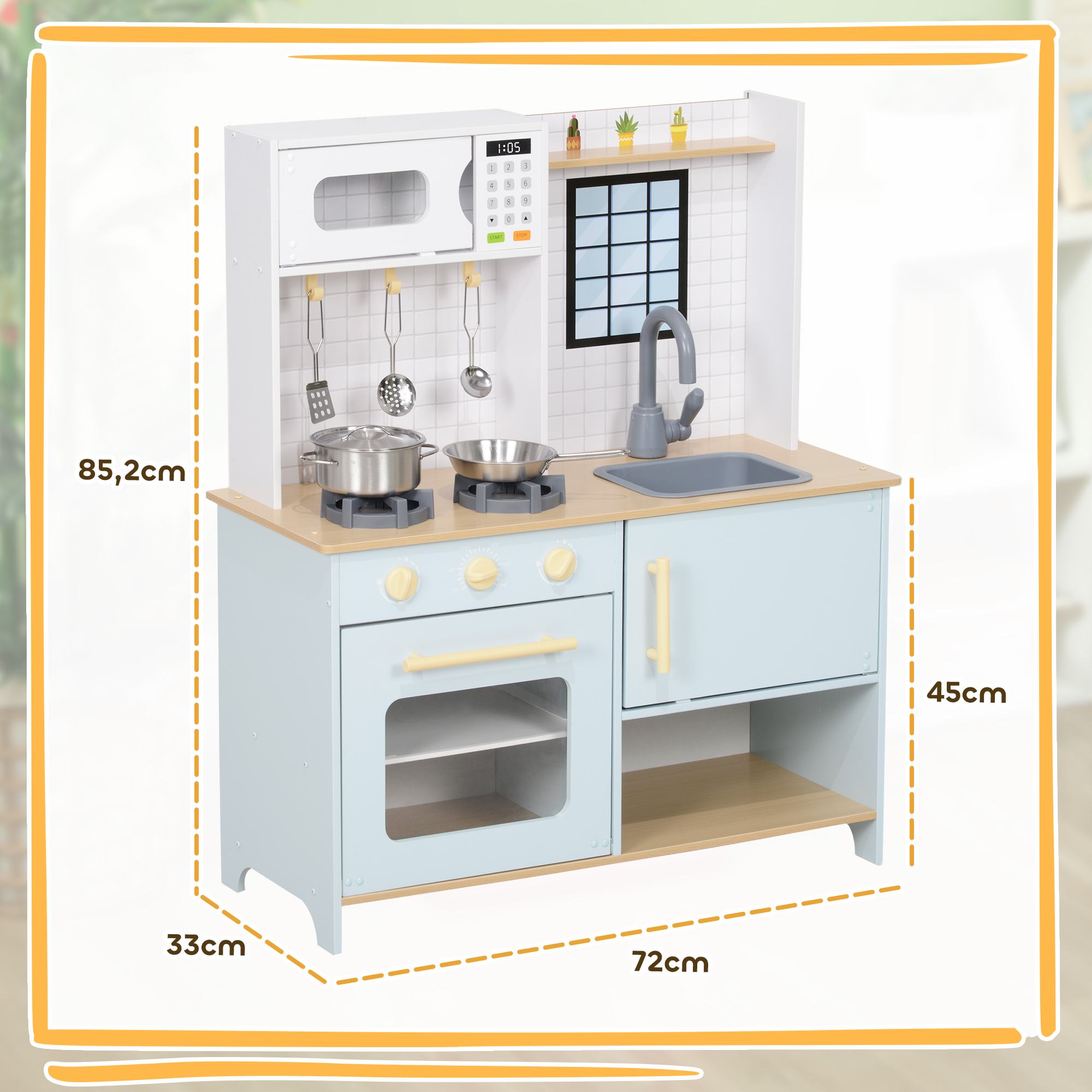 Spielküchen-Set, Kinderküche zum Spielen mit Mikrowelle, Herd und Backofen, Kochutensilien, MDF, Edelstahl, Blau