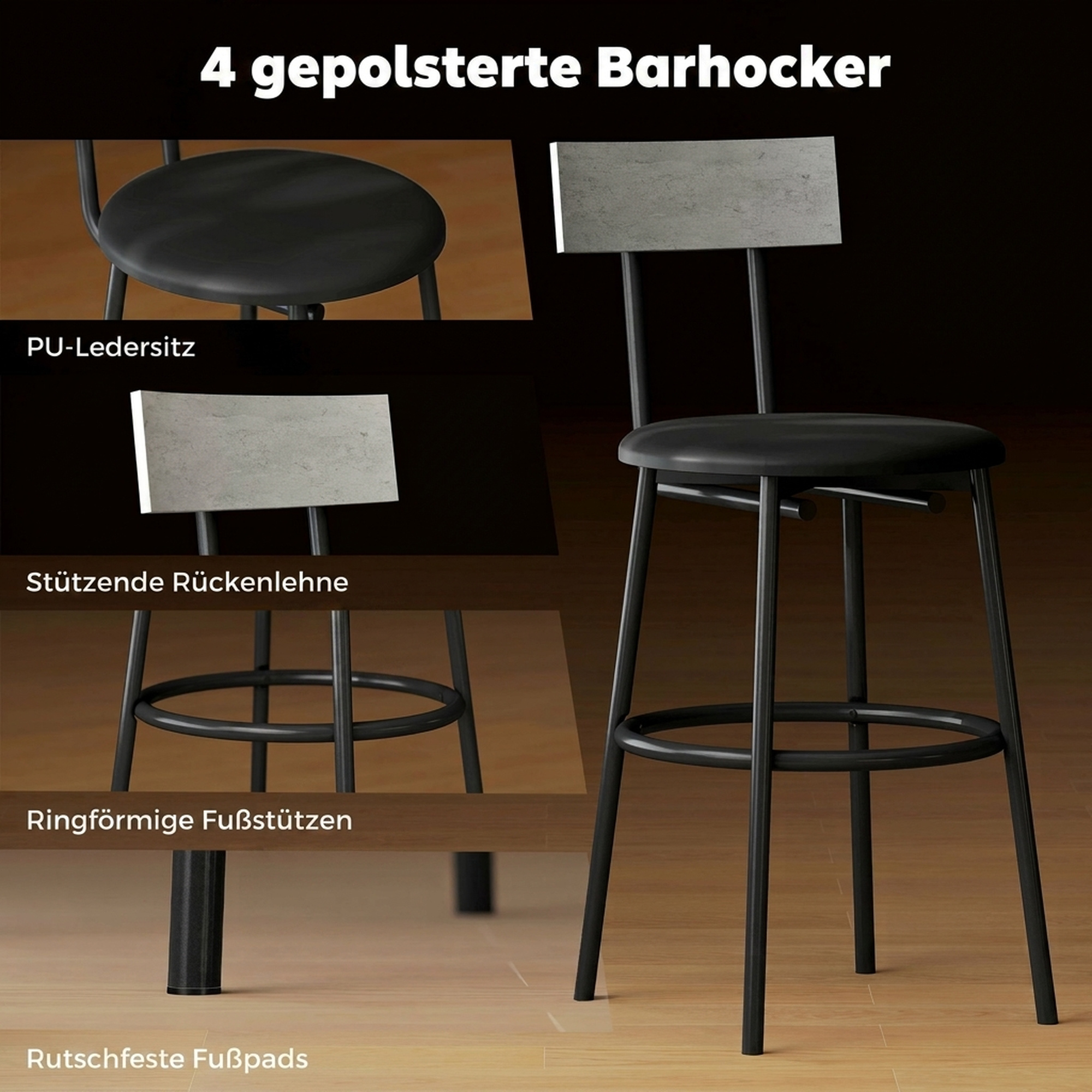 5-teiliges Bartisch-Set mit 4 Stühlen, Industrielles Design, für Küche, Esszimmer, Stahl, Hellgrau