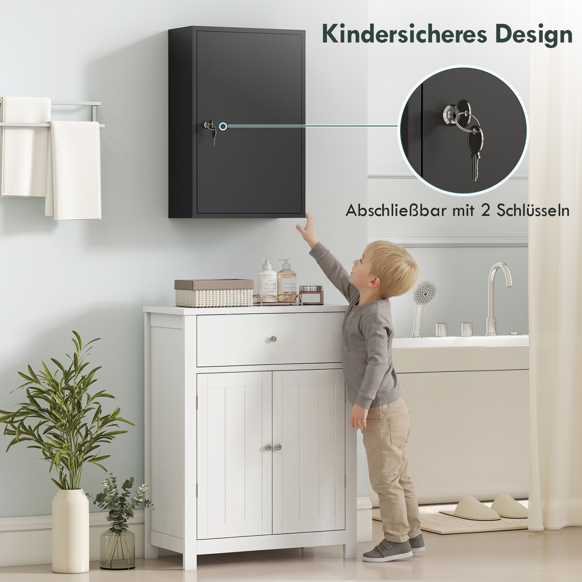 Wand-Medizinschrank, Badezimmerschrank mit 3 Regalböden, 2 Schlüsseln, 40 x 18 x 60 cm, Schwarz