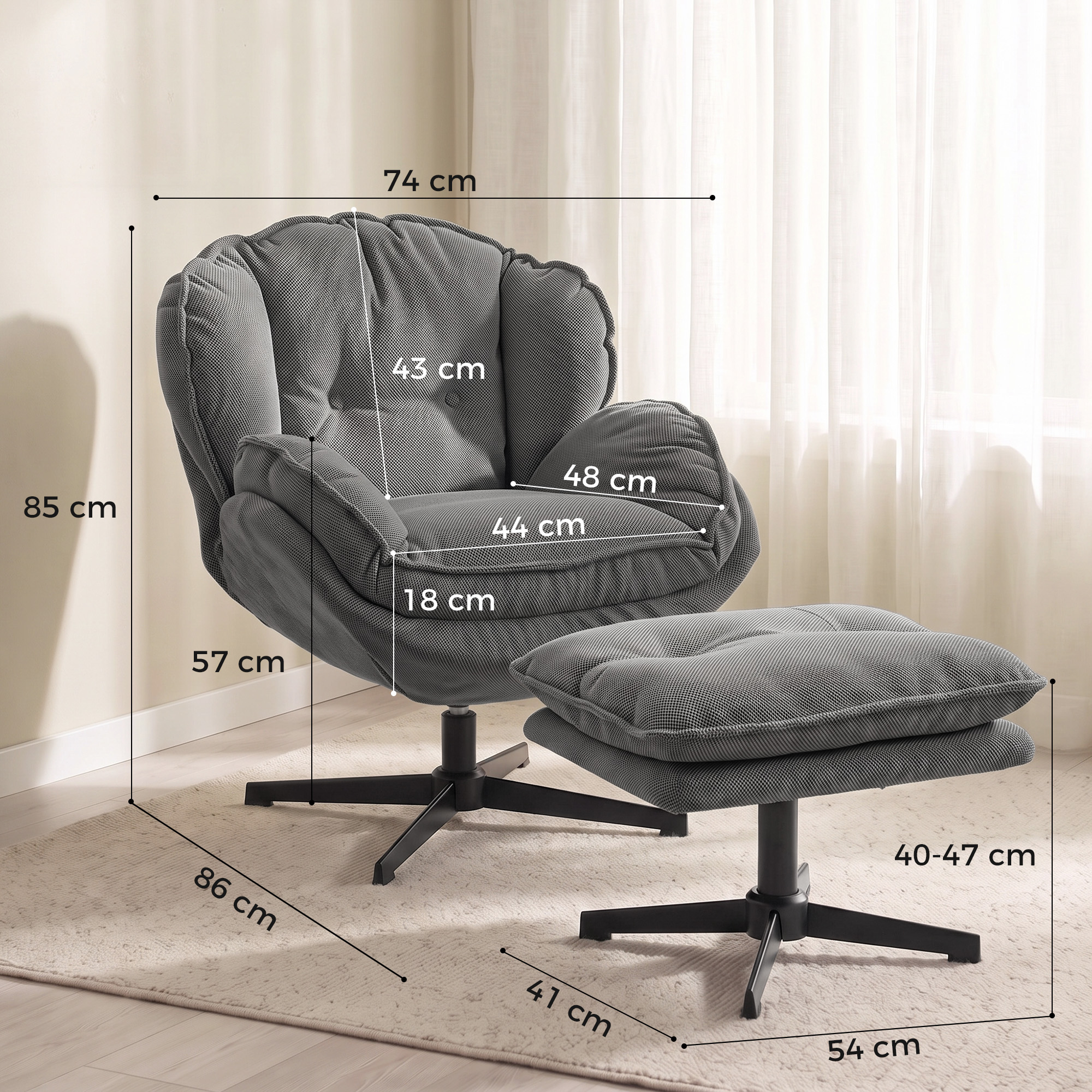 Sessel mit verstellbarem Fußhocker, 360° drehbar, Chenille-Bezug, dicke Polsterung, Grau