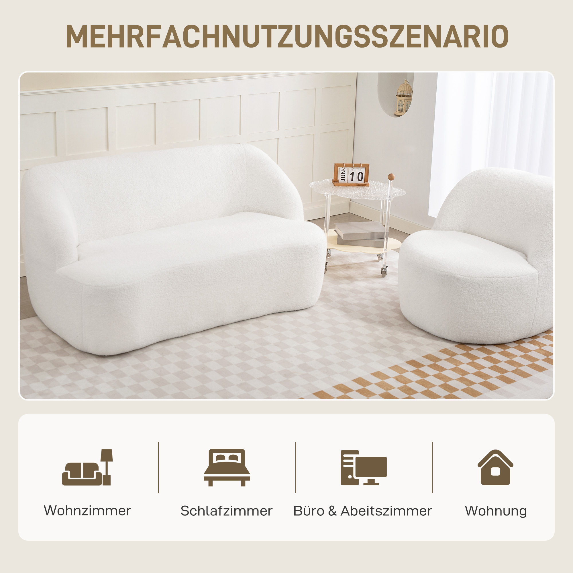 2-Sitzer-Sofa, geschwungenes Design, Polstersofa mit Fleece-Bezug, für Wohnzimmer, Schlafzimmer, Homeoffice, Cremeweiß