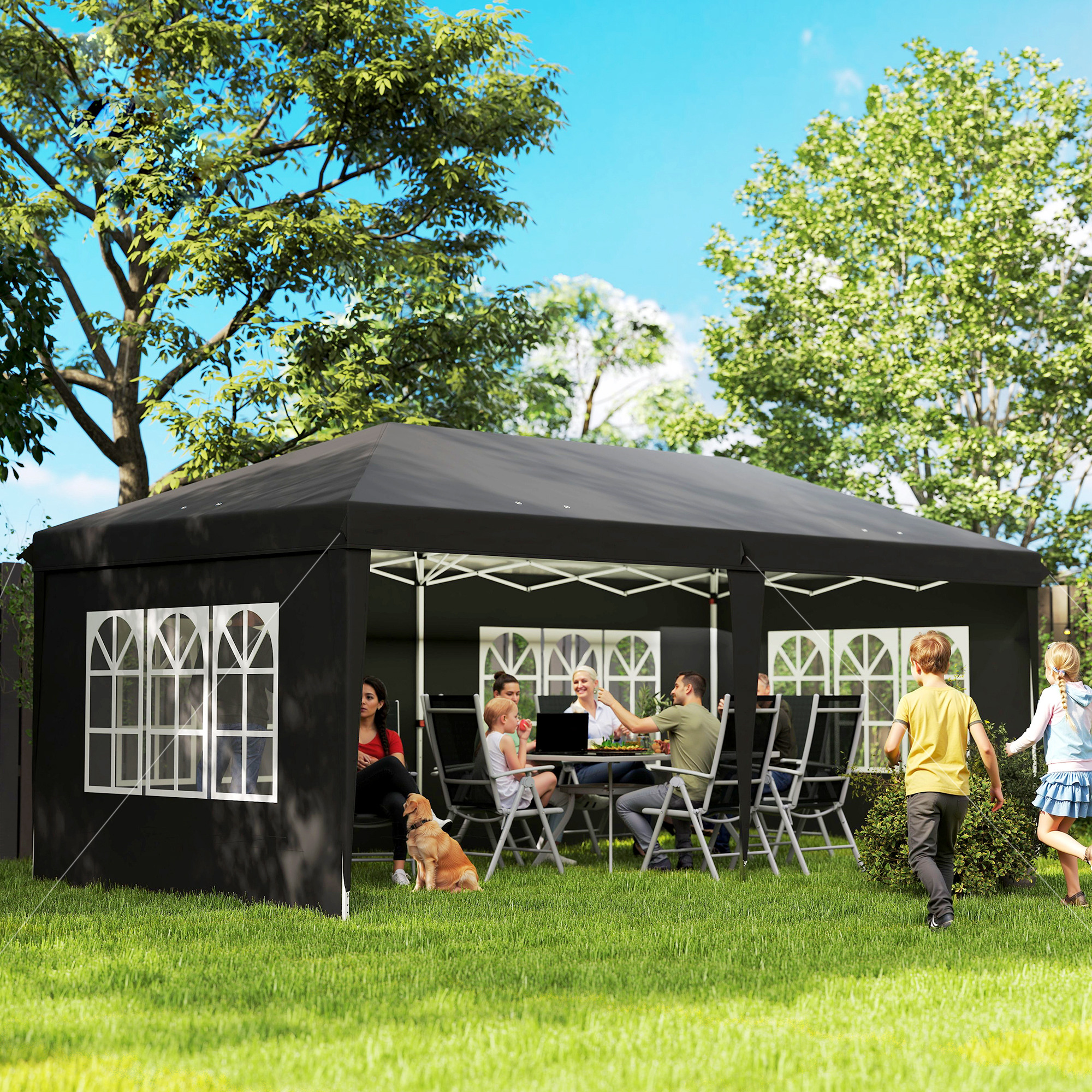 Pavillon ca. 3x6m Wasserdicht Pop-up Faltpavillon mit 4 Seitenwänden, Fenster UV-Schutz Tragetasche Schwarz