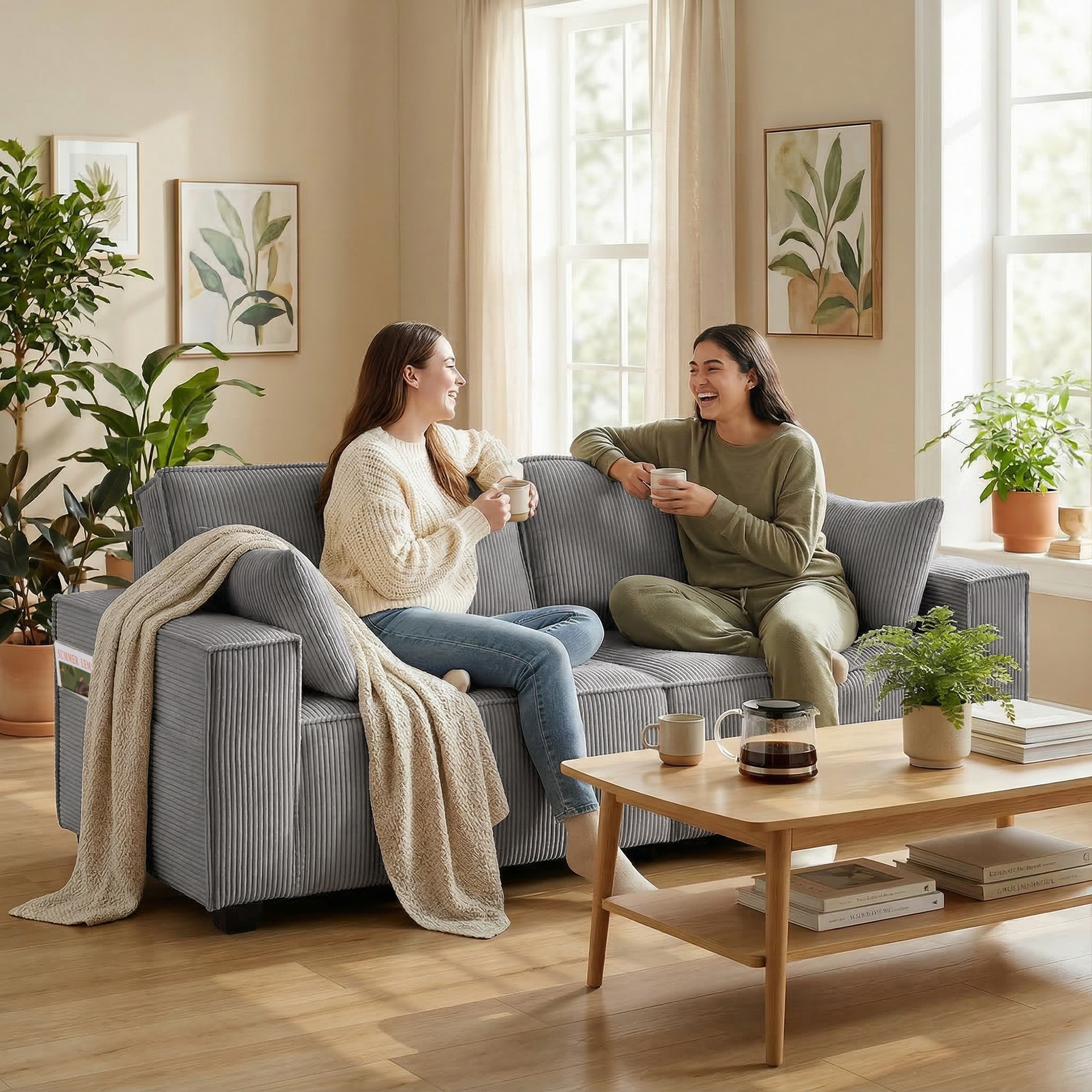 218 cm 3-Sitzer Sofa, modernes Cord-Sofa mit Taschenfeder-Polsterung, breiten Armlehnen und 2 Kissen, hellgrau