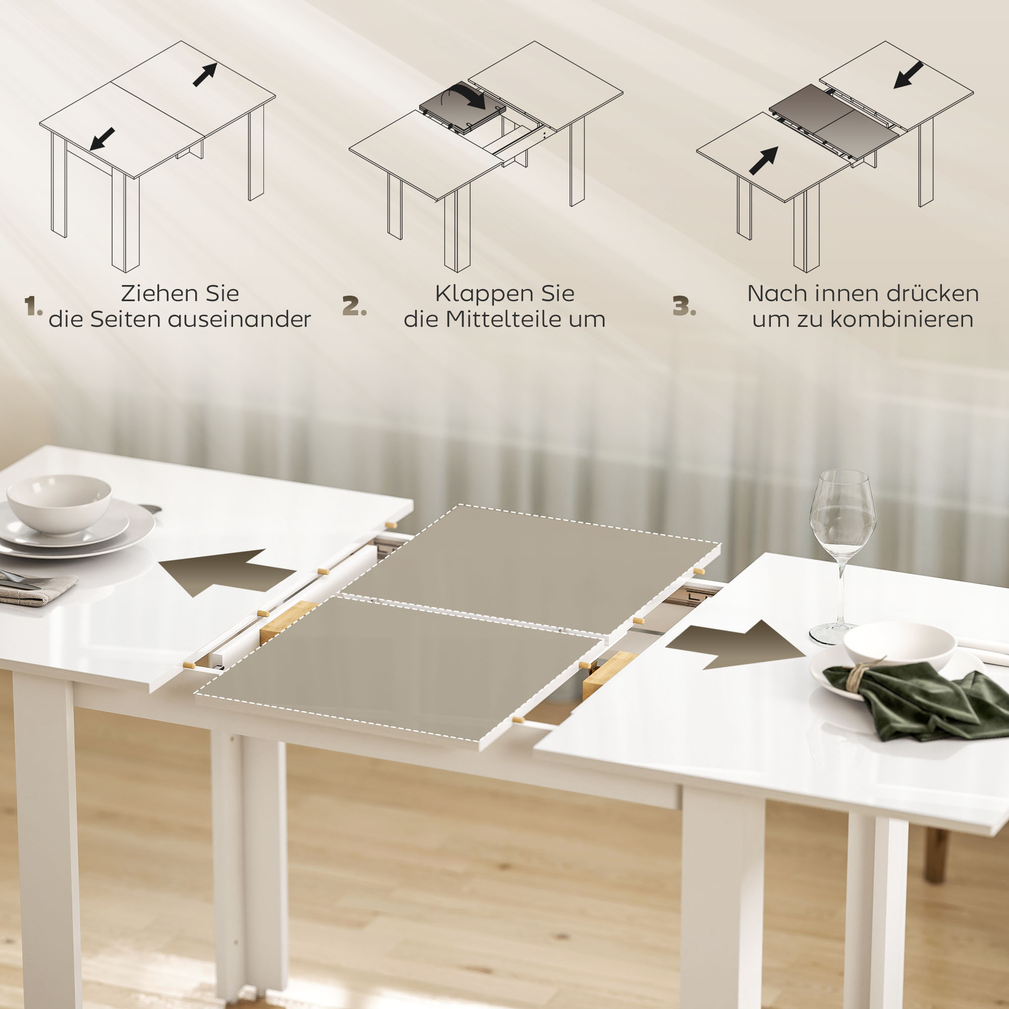 ausziehbarer Esstisch, 120-160 x 70 cm, verstellbarer Küchentisch für 4-6 Personen, MDF, Hochglanzweiß