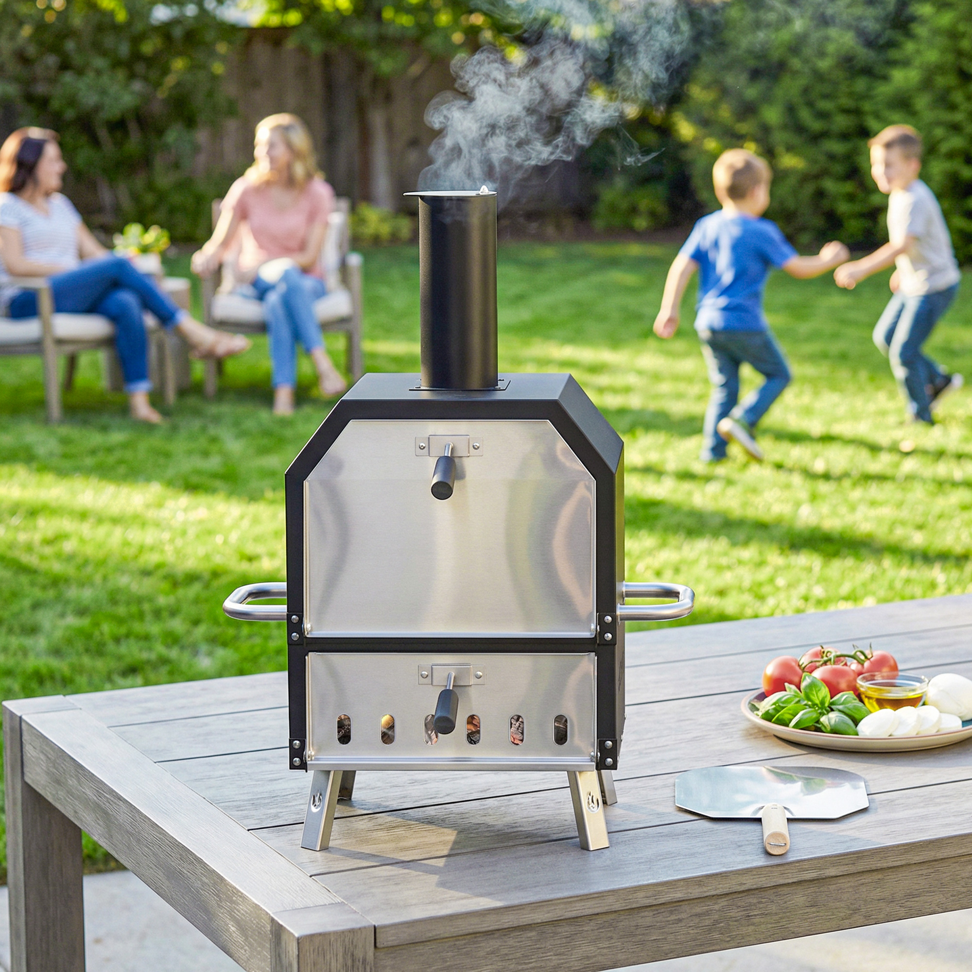 Outdoor-Pizzaofen, holzbefeuerter Pizza-Ofen Edelstahl, 2 Ebenen, Backofen mit Pizzastein