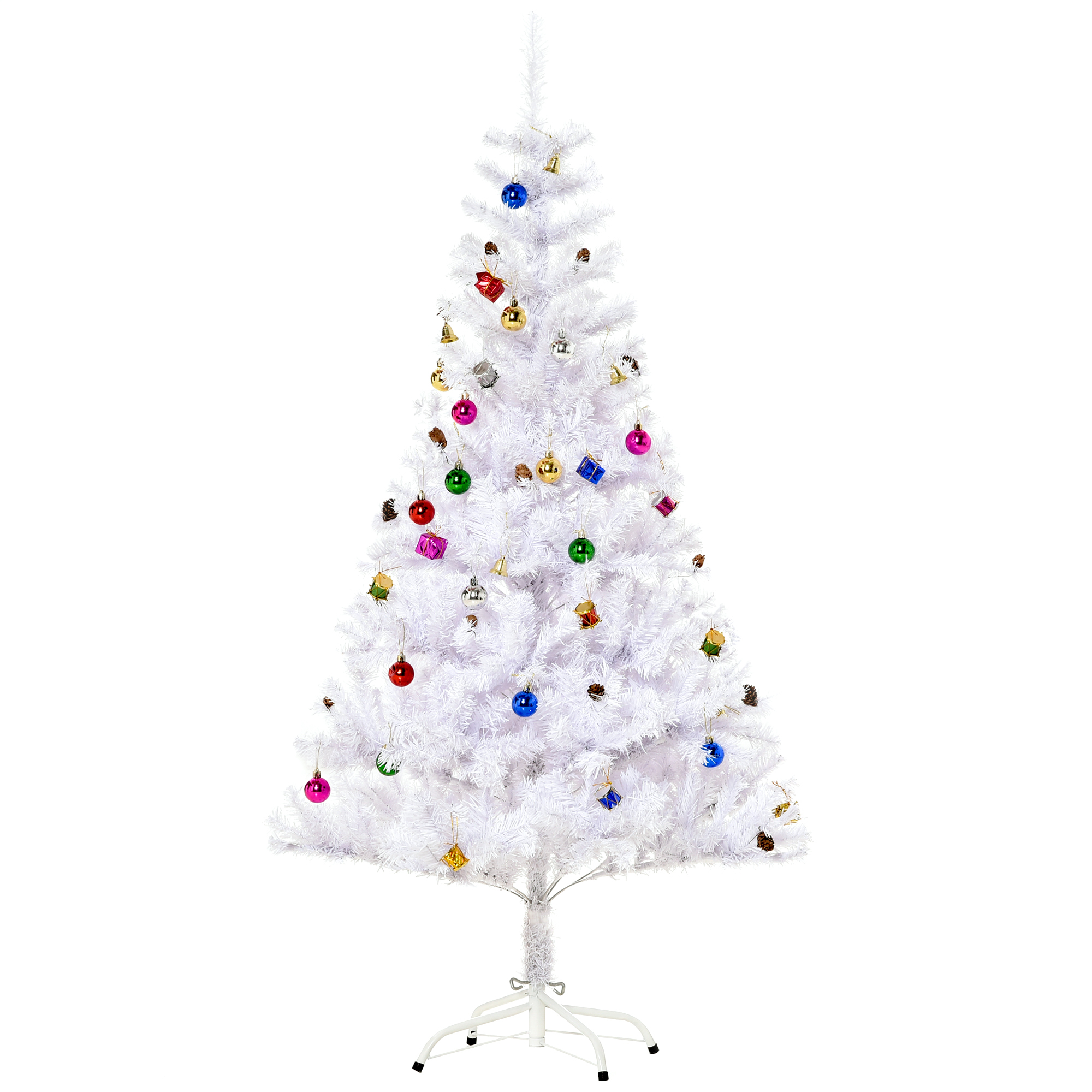 Künstlicher Weihnachtsbaum 150 cm künstlich Tannenbaum mit Kugeln, Glocken, Trommeln, Geschenkboxen, Christbaum mit 680 Spitzen, 12 Tannenzapfen Weihnachtsdeko inkl. Metallständer für drinnen