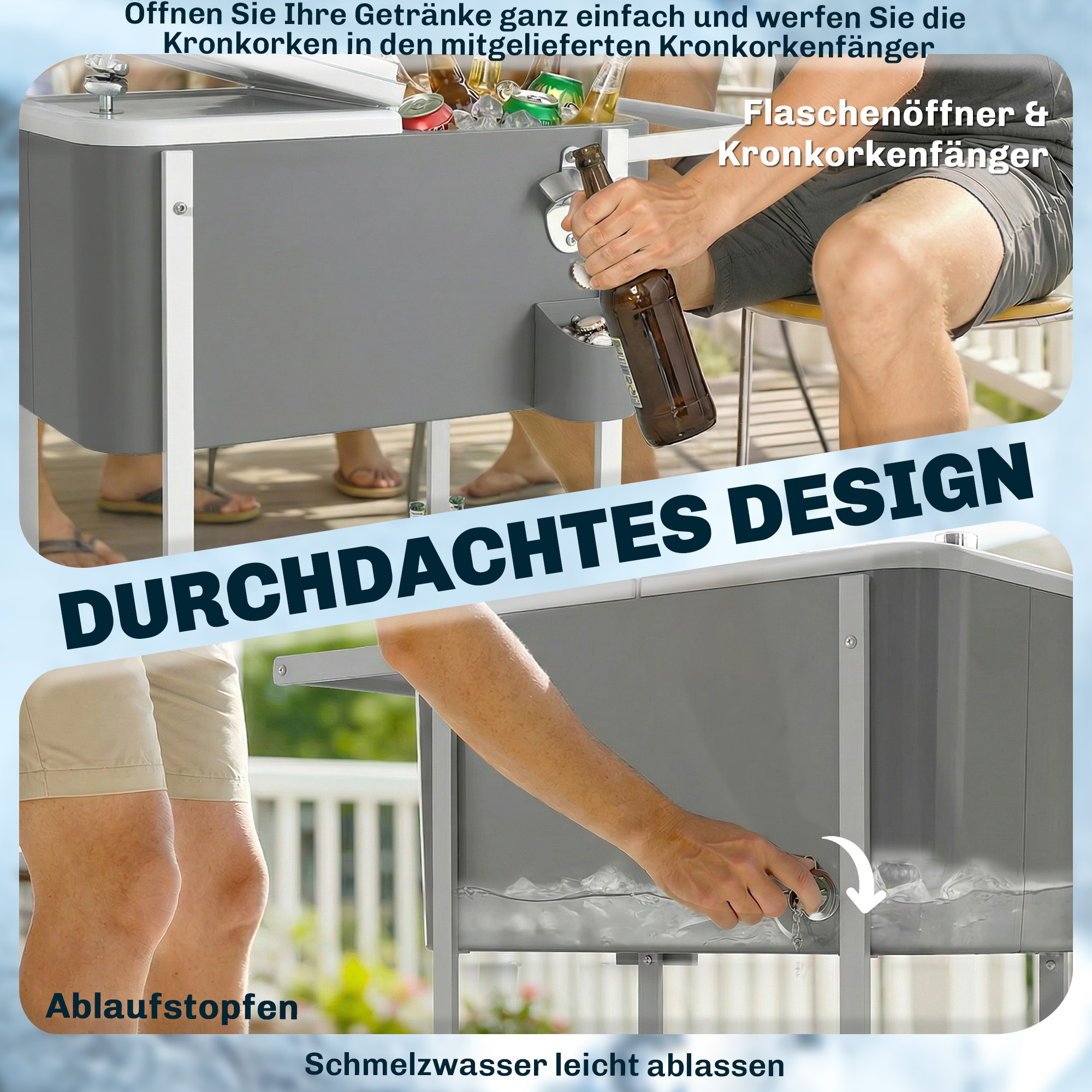 Kühlwagen mit 56L Kapazität Servierwagen mit Rollen, Flaschenöffner, unterer Ablage, Griff mobiler Getränkewagen, Grau