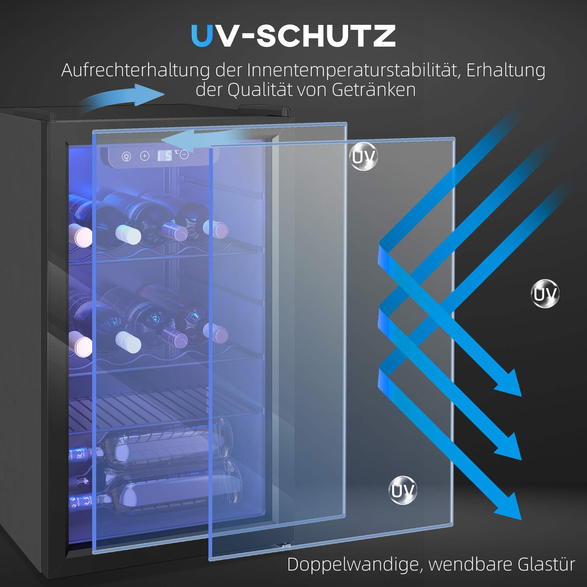 Weinkühlschrank 24 Flaschen, 68 Liter Kapazität, 4–16 °C Standgerät für Getränke, Bier und Wein mit Glas-Tür, Schwarz