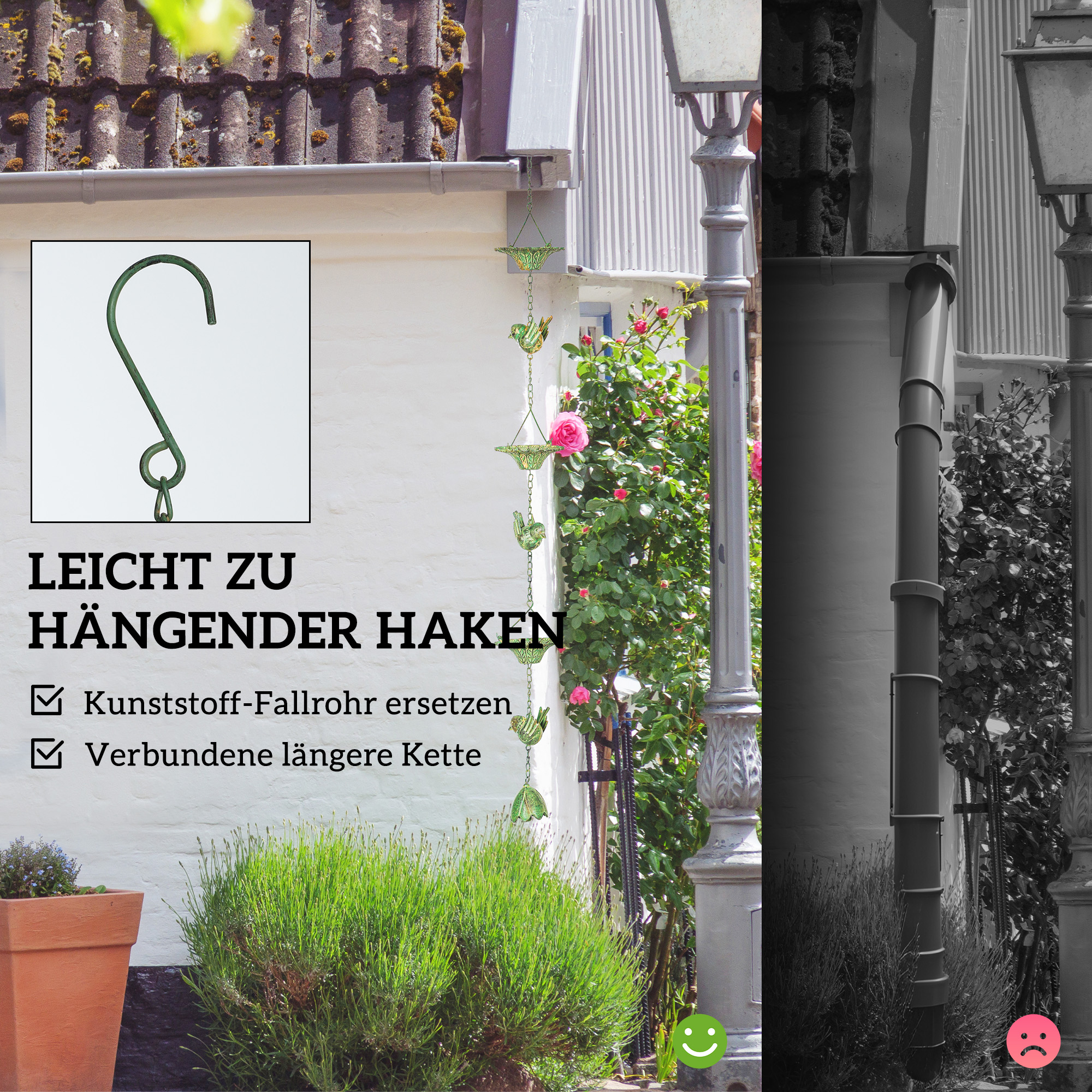 3er Set Regenkette 123cm Regenablaufkette aus Metall Ablaufkette mit befestigtem Aufhänger Vögeln Bell Grün