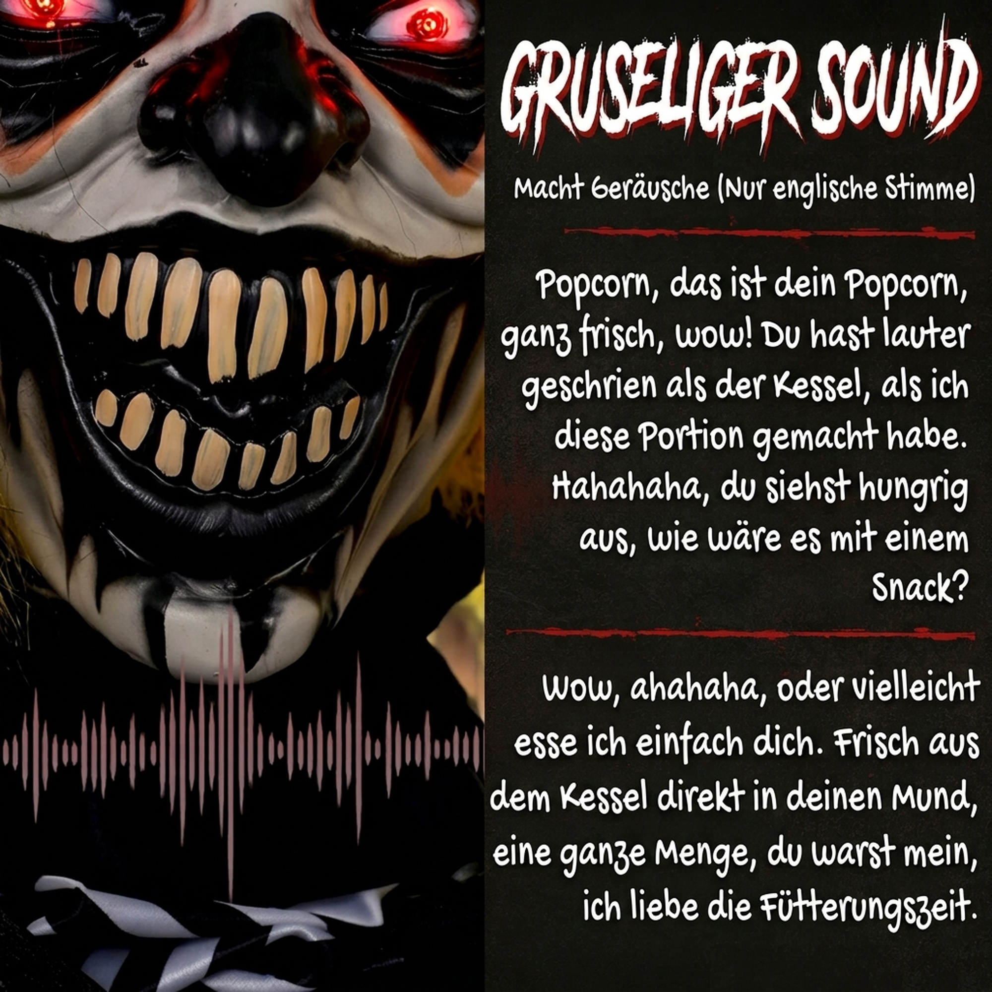 animierter Halloween-Popcorn-Clown mit hochschnellendem Kopf, Grusel-Sound, Jahrmarktmusik und leuchtenden Augen