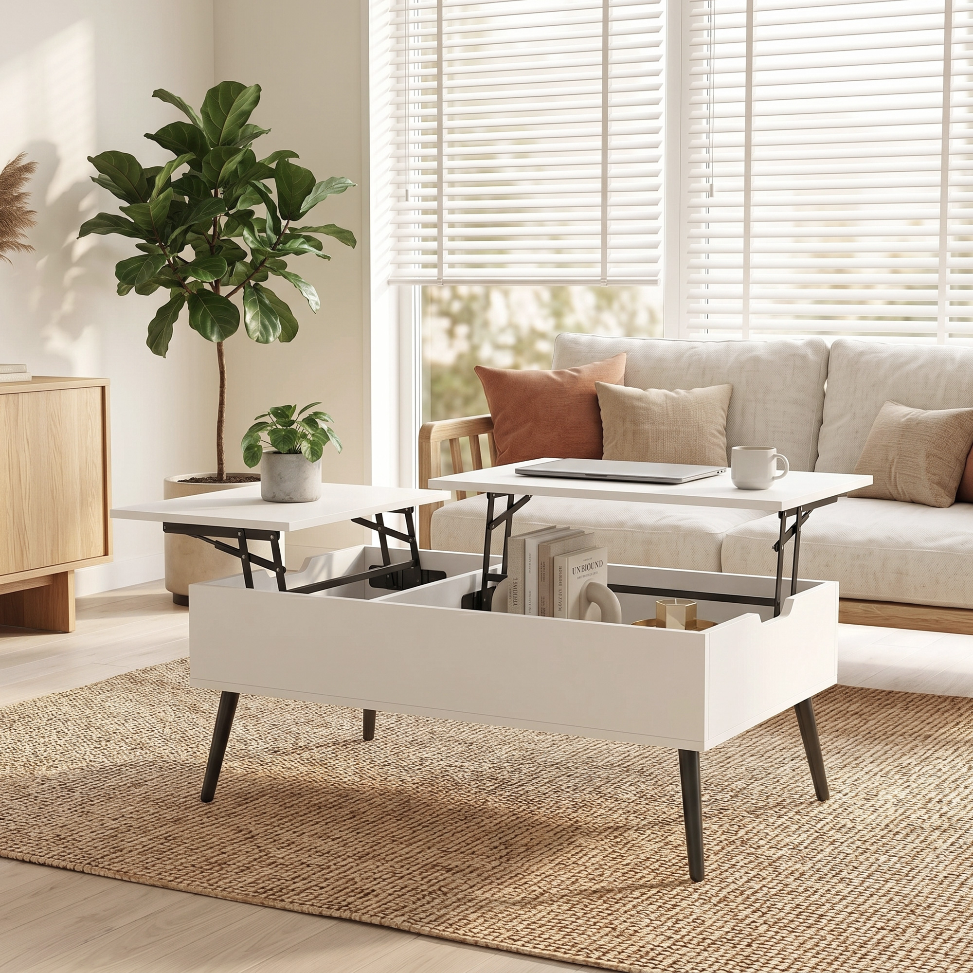 Couchtisch Höhenverstellbar Wohnzimmertisch mit Verstecktem Stauraum für Wohnzimmer, 50 x 100 cm, Weiß