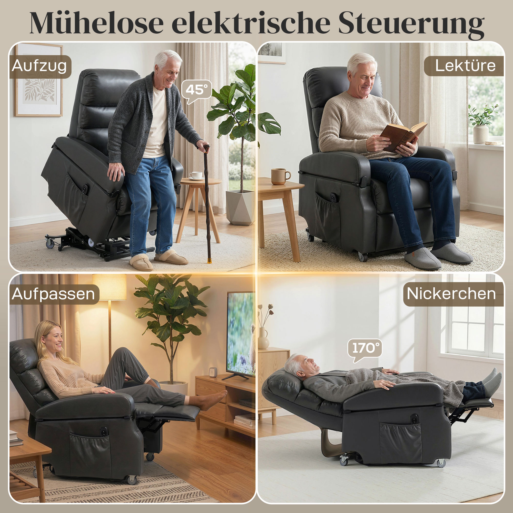 Fernsehsessel mit Aufstehhilfe Elektrischer Relaxsessel mit Fernbedienung, Fußstütze, Liegefunktion, Dunkelgrau