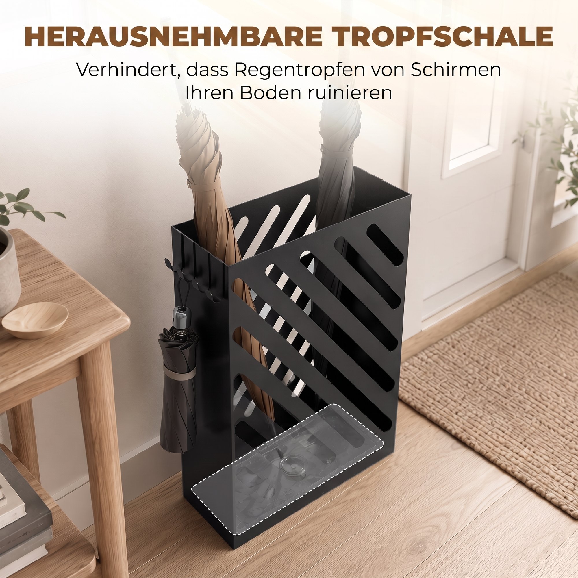 Regenschirmständer mit Tropfschale, 4 Haken, Stahl, 28L x 14B x 41H cm, Schwarz