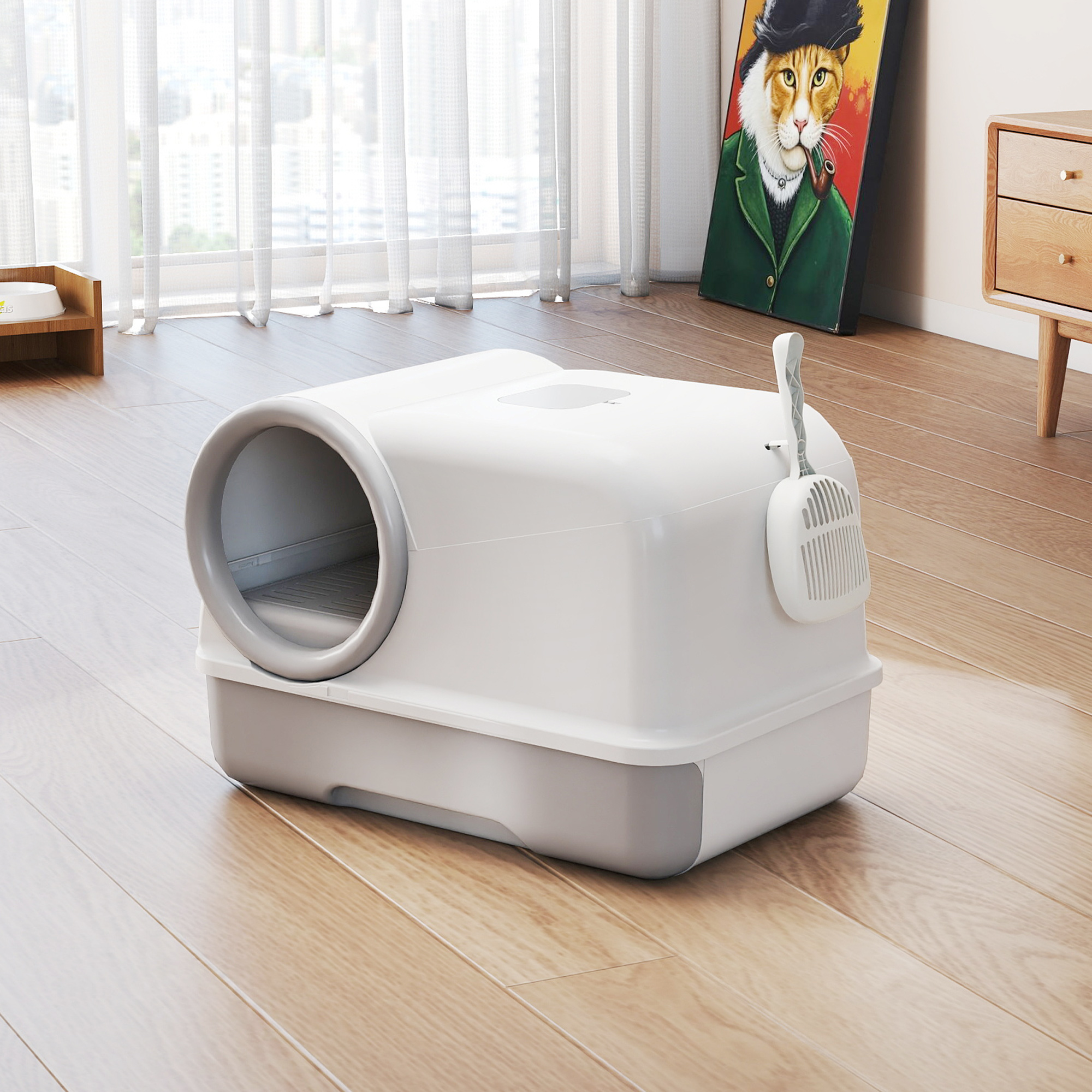 Katzentoilette mit Deckel Schaufel ausziehbares Tablett 2 Aktivkohlefilter für Katzen bis 5 kg 59x39,5x39,5cm Weiß+Grau