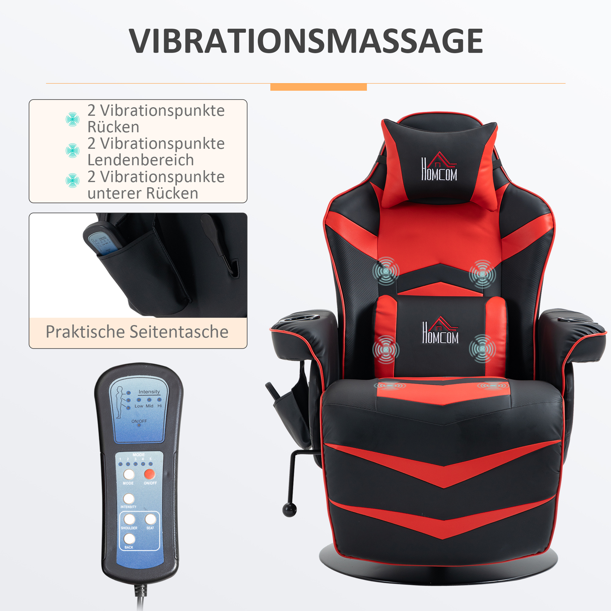 Gamingsessel, Massagefunktion, neigbare Lehne, Fußstütze, bis 120 kg, Stahlrahmen, Kunstleder, Rot