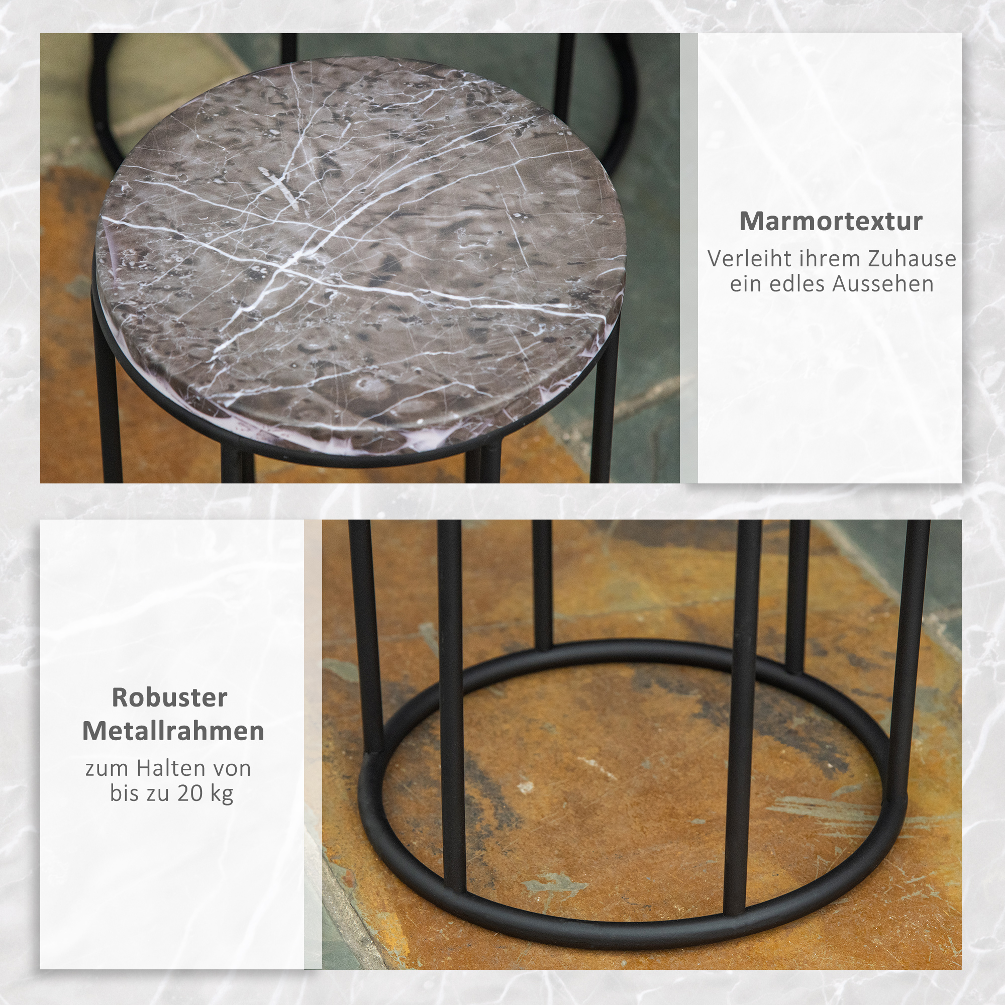 Blumenständer 3er Set aus Metall Pflanzenständer Set in Marmoroptik Blumenhocker Blumentopfhalter Stapelbar Pflanzenhocker für Blumentopf Schwarz+Grau