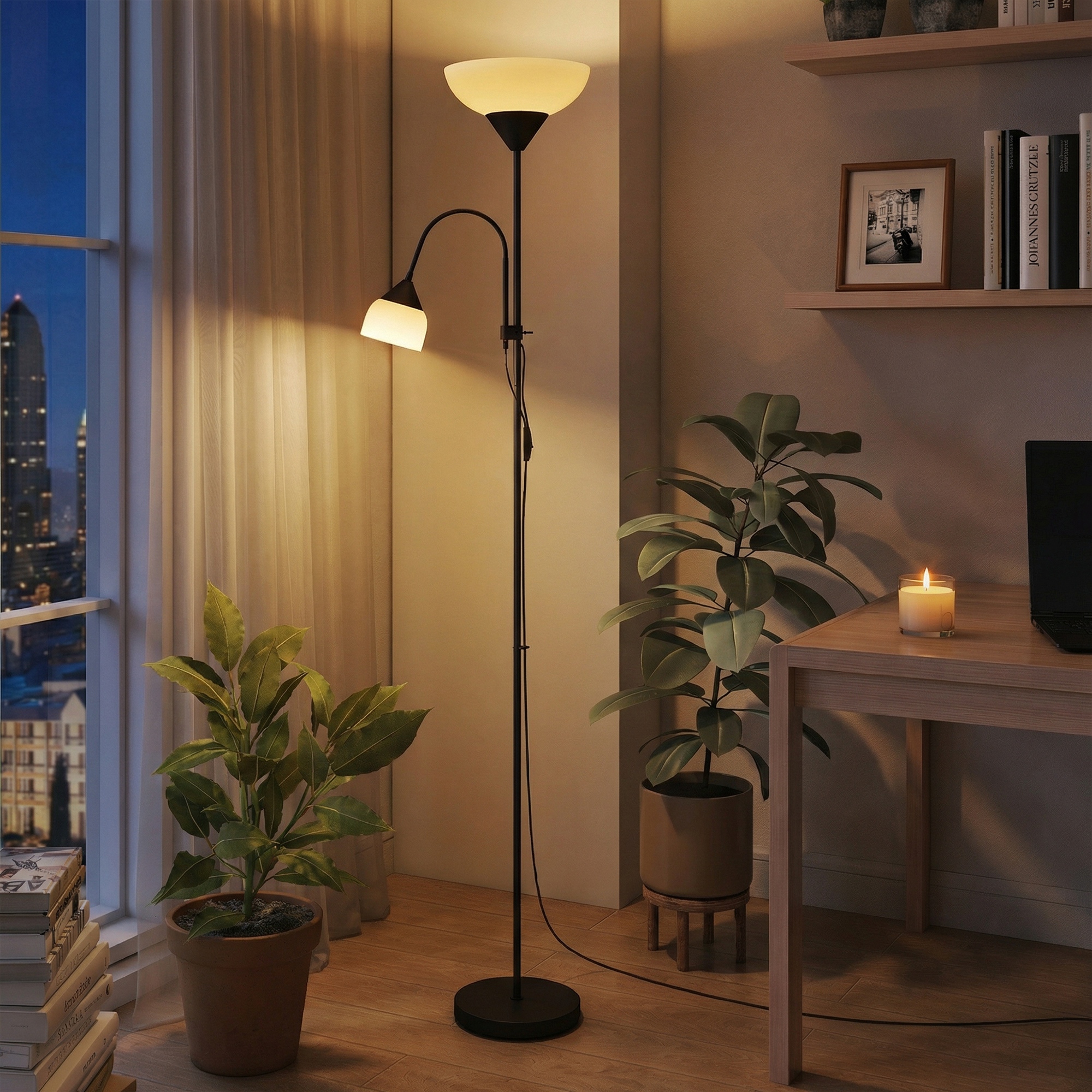 Uplighter, Mutter-und-Kind-Stehlampe, hohe Lampe mit 3 Farbtemperaturen und flexiblem Schwanenhals, Schwarz