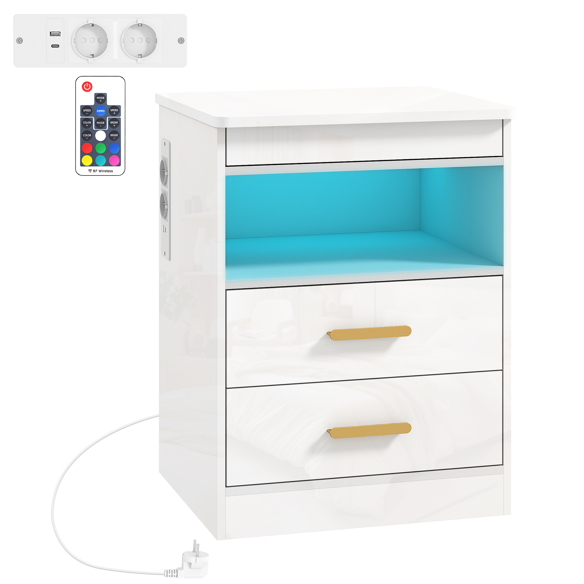 Nachttisch, Beistelltisch mit Ladestation und RGB-LED-Beleuchtung, Hochglanz Weiß