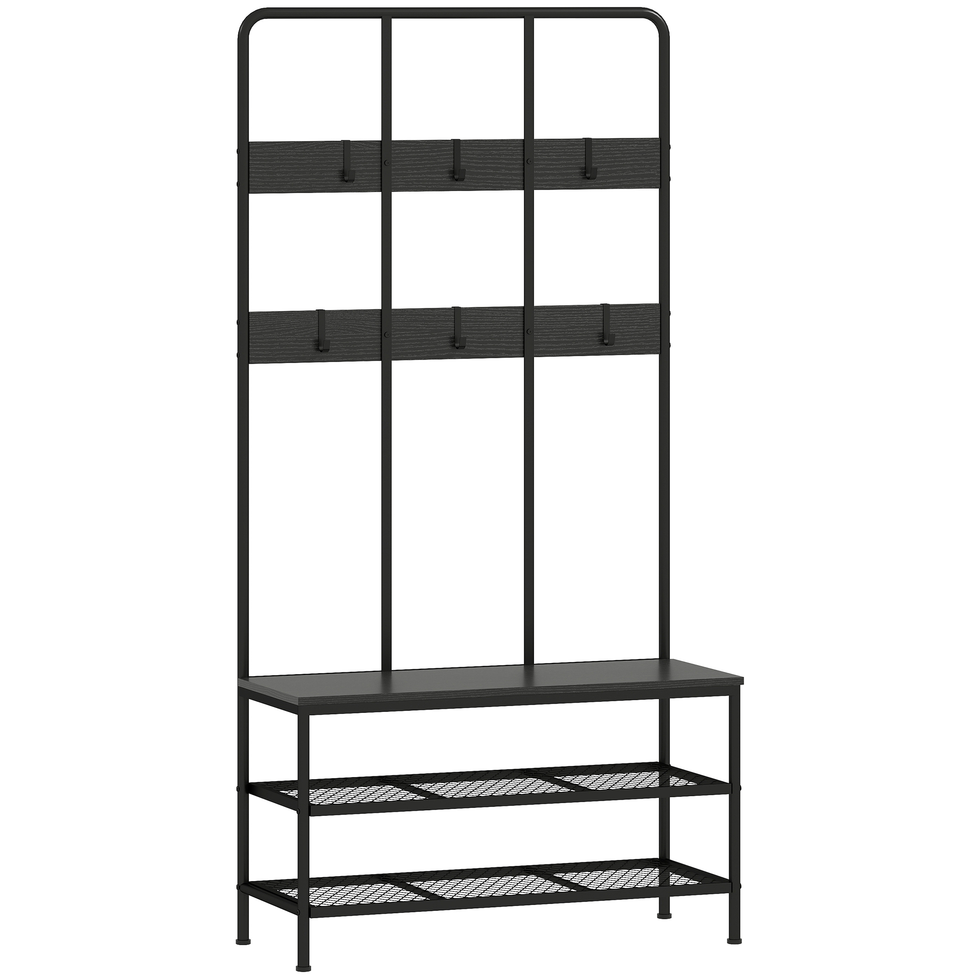 3-in-1 Garderobenständer, Kleiderhaken, Sitzbank, Schuhregal, Metall, Spanplatte, Schwarz