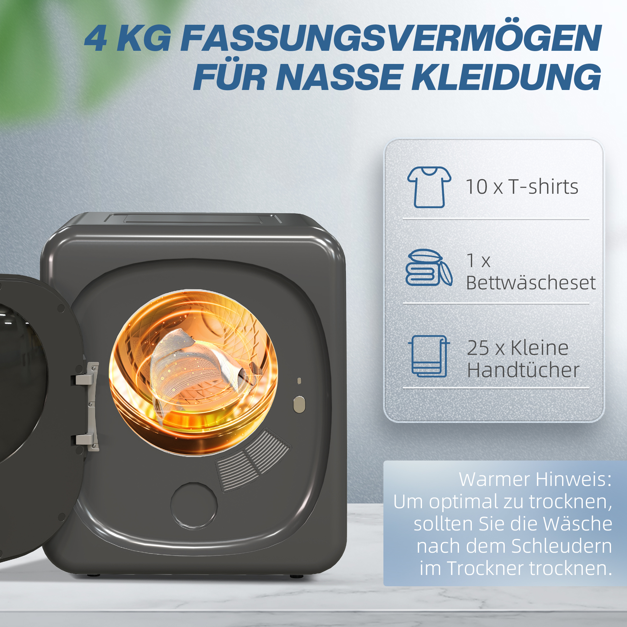 Wäschetrockner mit UV-Desinfektion, kompakte Bauweise, 4 kg Kapazität, Edelstahl, Grau