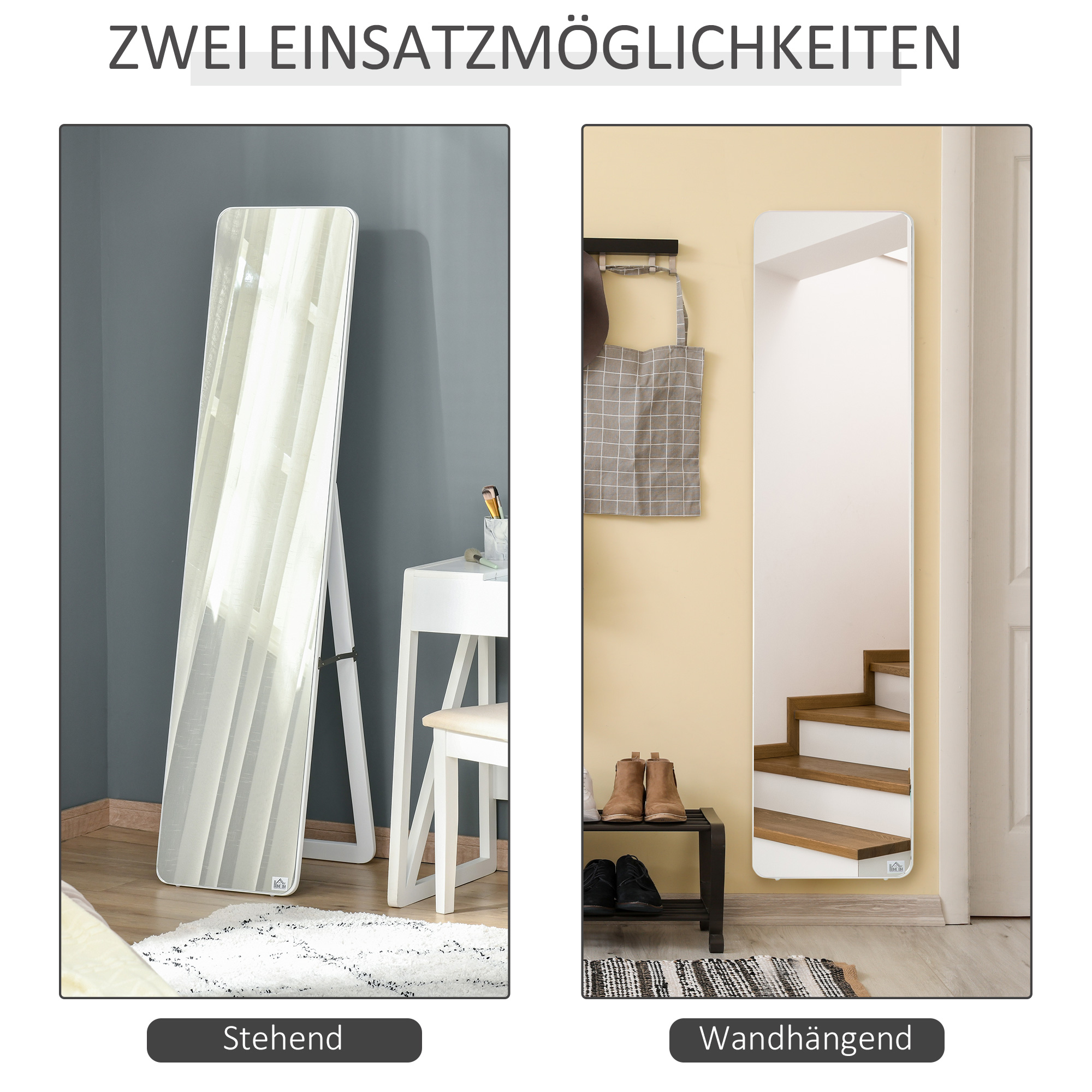 Standspiegel Ganzkörperspiegel mit klappbaren Rahmen Schminkspiegel frei stehend oder an der Wand montiert stabil für Wohnzimmer oder Ankleidezimmer Kiefernholz MDF Weiß 37 x 43 x 156 cm