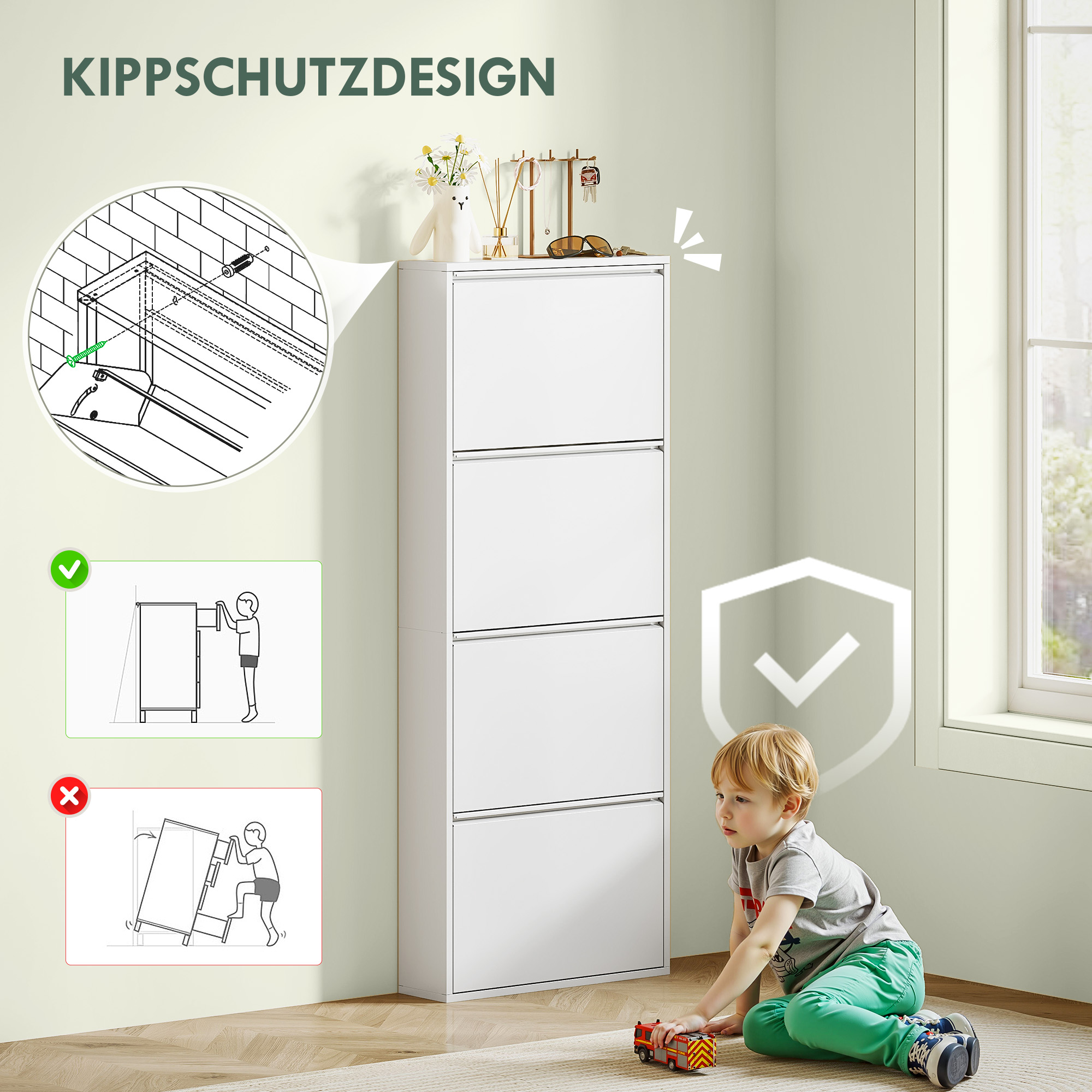 Schmaler Schuhschrank aus Metall für bis zu 8 Paar Schuhe, 4 Kippschubladen, für Flur, Eingangsbereich, Weiß