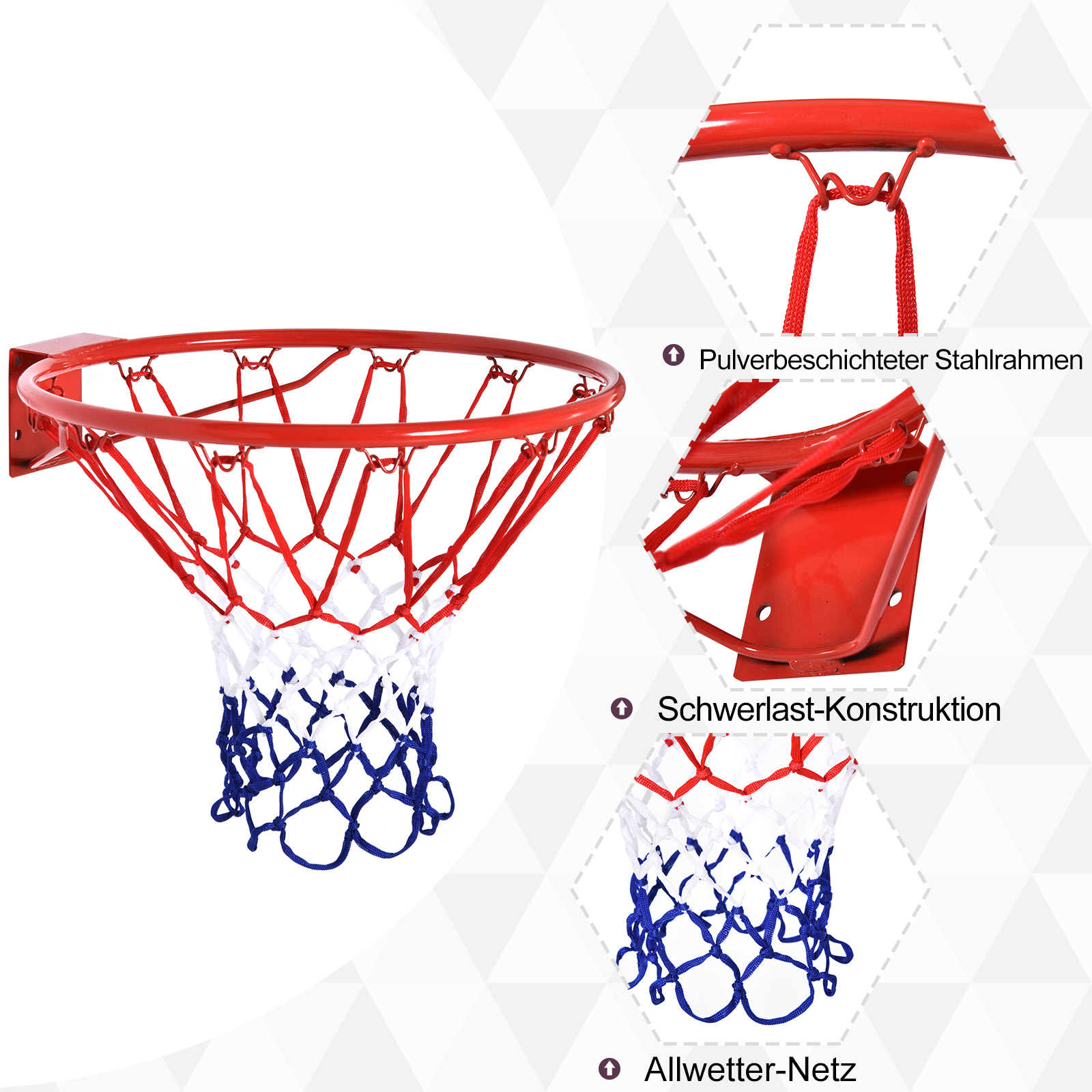 Basketballkorb, Indoor & Outdoor mit Ø46 cm Korb und Netz, Wandmontage, Basketball Board für Erwachsene, Rot + Blau + Weiß