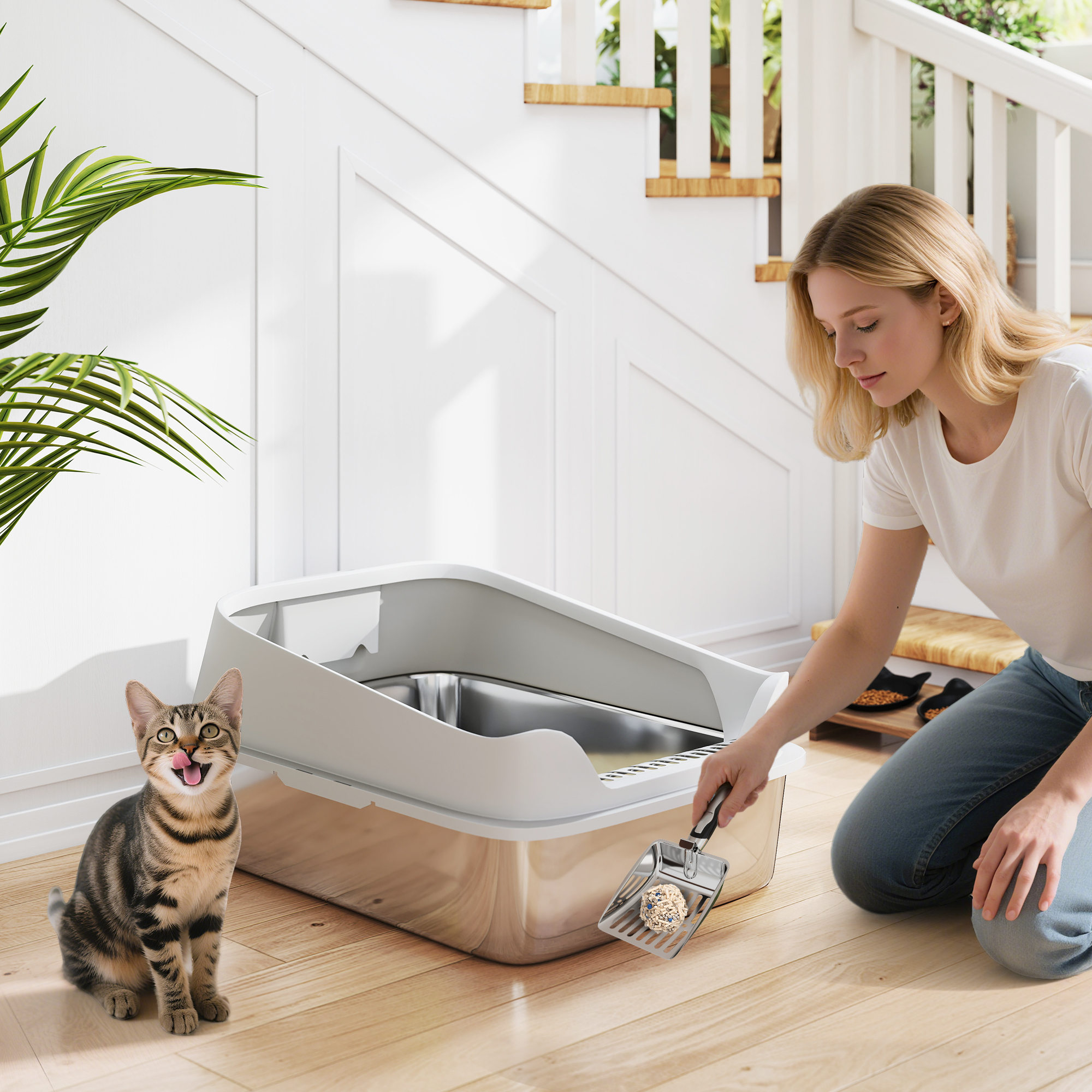 Katzentoilette Edelstahl Offene Katzenklo mit Schaufel hohem Rand für große Katzen bis 12 kg 69,8 x 50,3 x 29,8 cm Grau