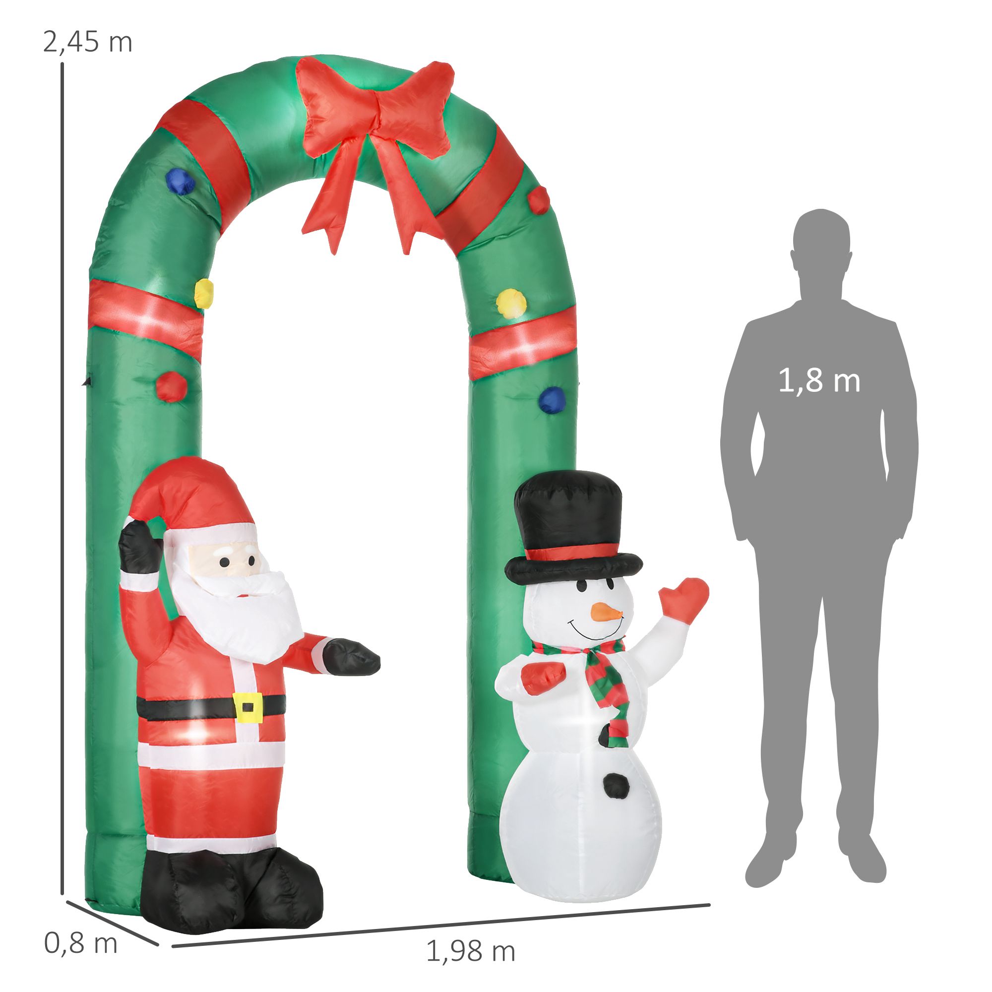 aufblasbarer Torbogen mit Weihnachtsmann und Schneemann, LED-Beleuchtung, integriertes Gebläse, 198 x 80 x 245 cm