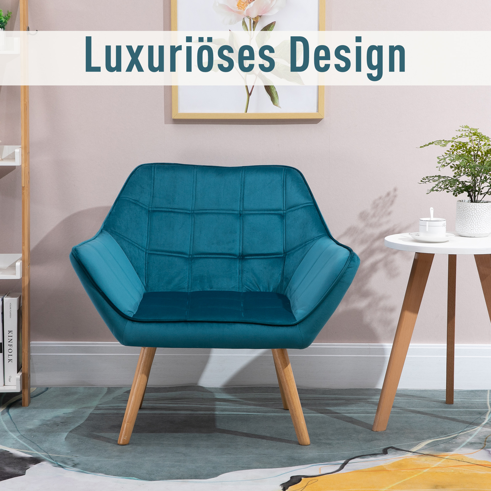 Sessel Wohnzimmer Ohrensessel Loungesessel Relaxsessel mit Gummiholzbeine, Lesesessel mit Samtoptik, Polstersessel für Schlafzimmer, skandinavisch, Hellblau