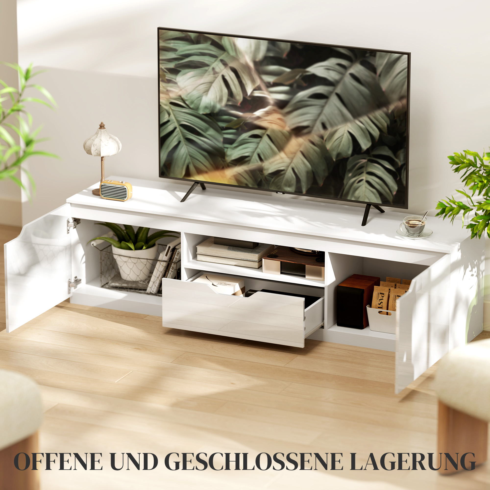 TV-Lowboard, Hochglanz, für Fernseher bis 65'', 3 Fächer, Schublade, 160 x 38 x 43 cm, Weiß