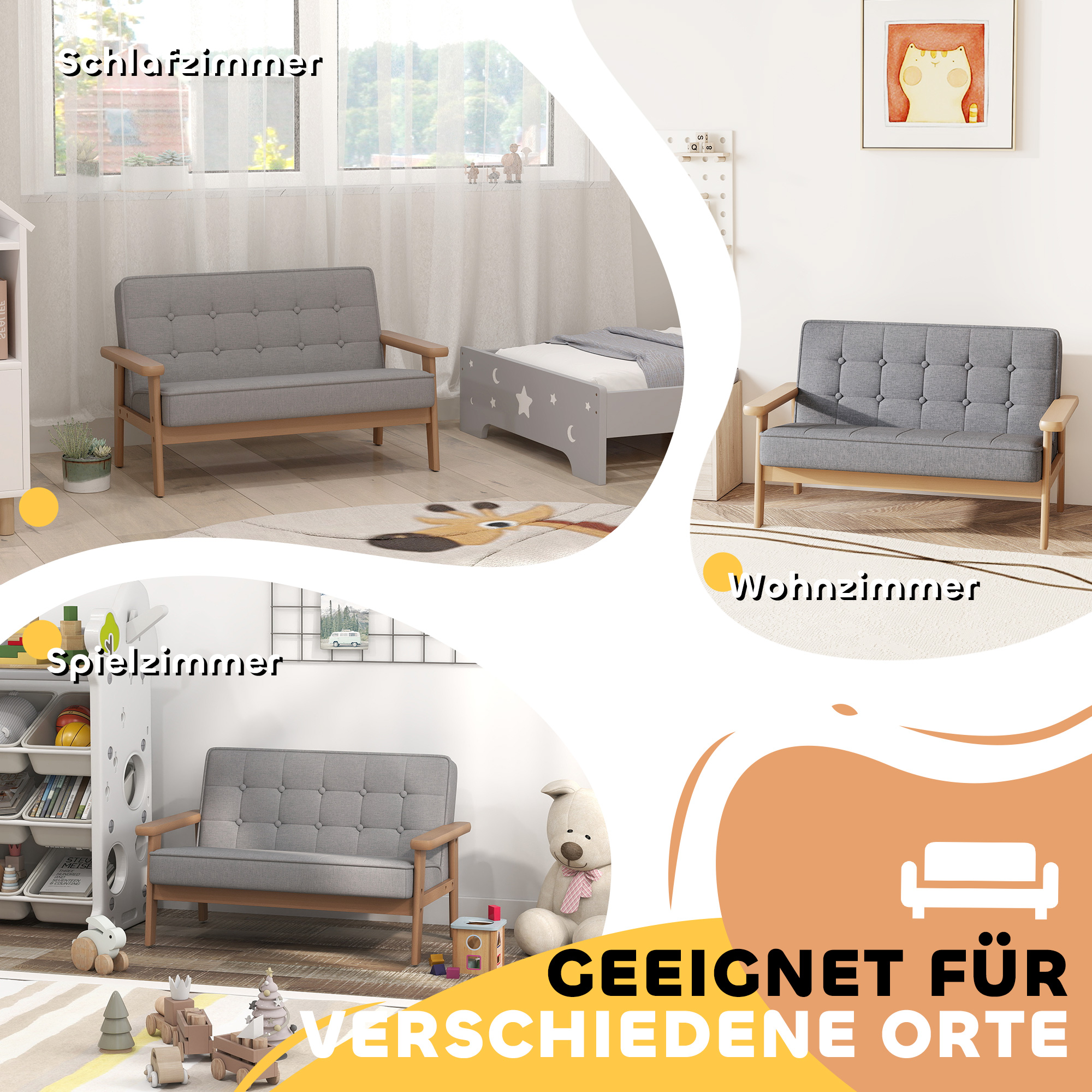 Kindersessel, Kindersofa mit Holzrahmen, Samtoptik, gepolstert, für Kinder von 3-15 Jahren Grau