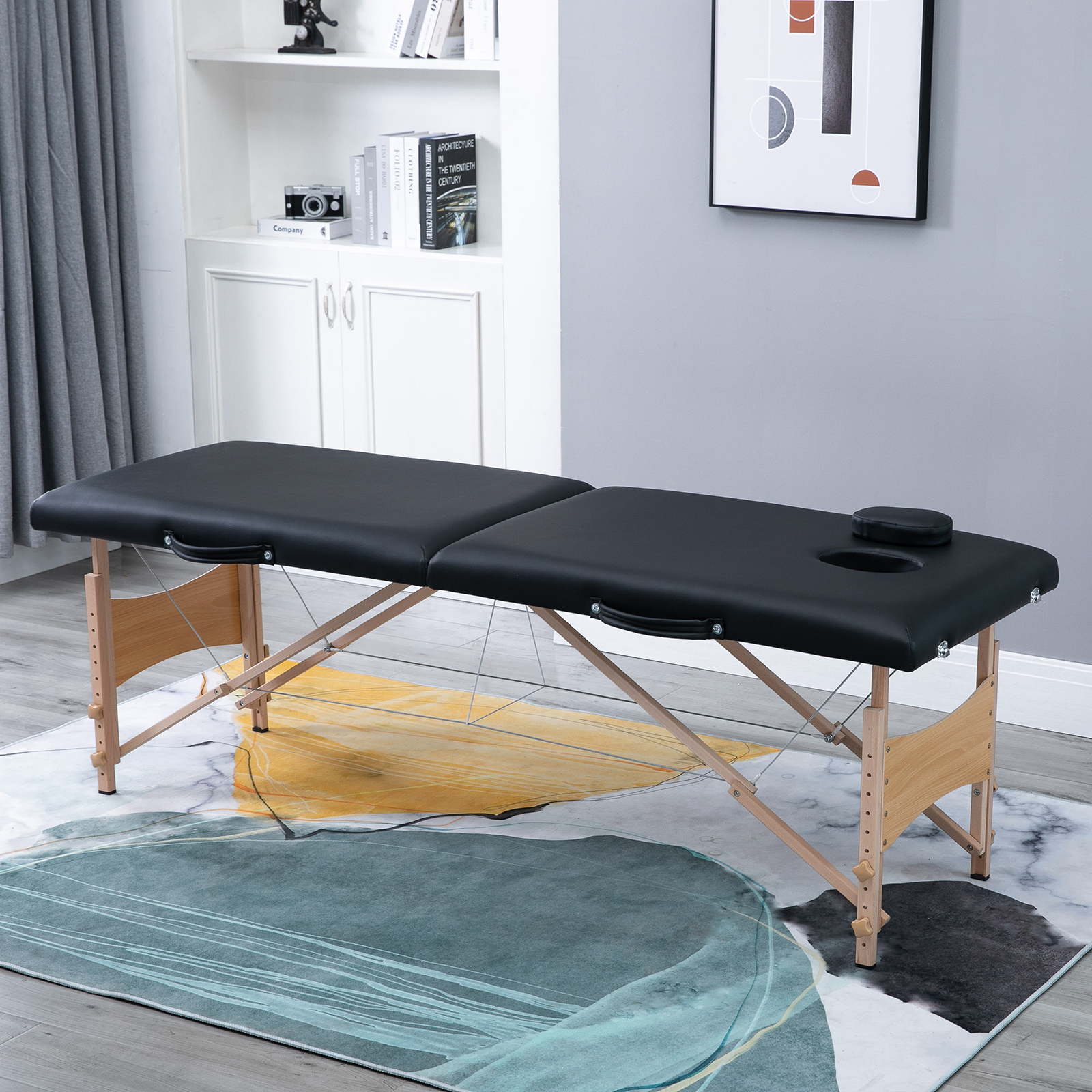 Massageliege 3 Zonen klappbar Massagetisch mit Kopfstütze Armlehne Tragetasche Holzfüßen höhenverstellbare Massagebett tragbar Kosmetikliege für Tattoo Spa Salon Schwarz