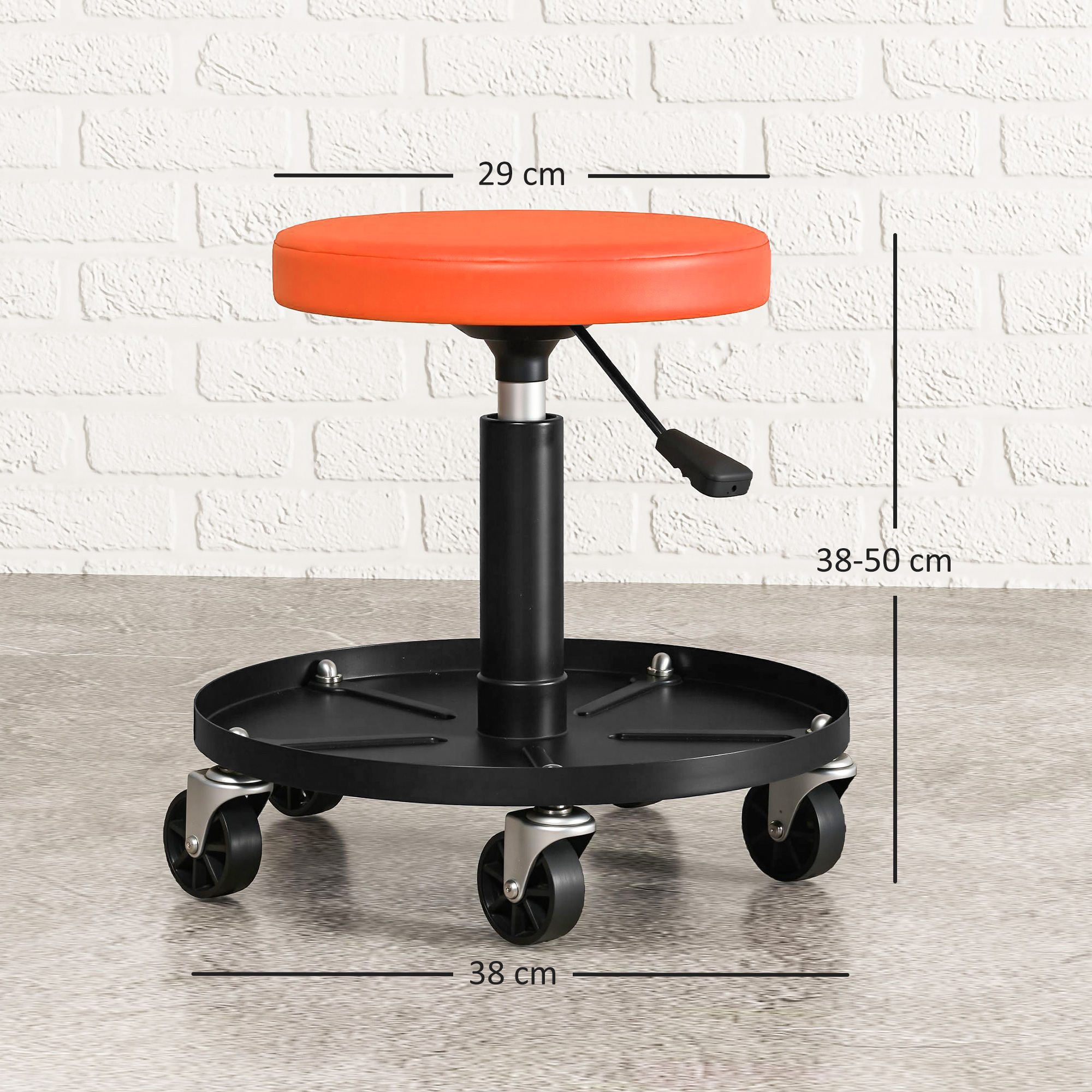 Werkstatthocker mit Rollen Ablagefläche höhenverstellbar 38-50cm bis 135 kg belastbar Orange