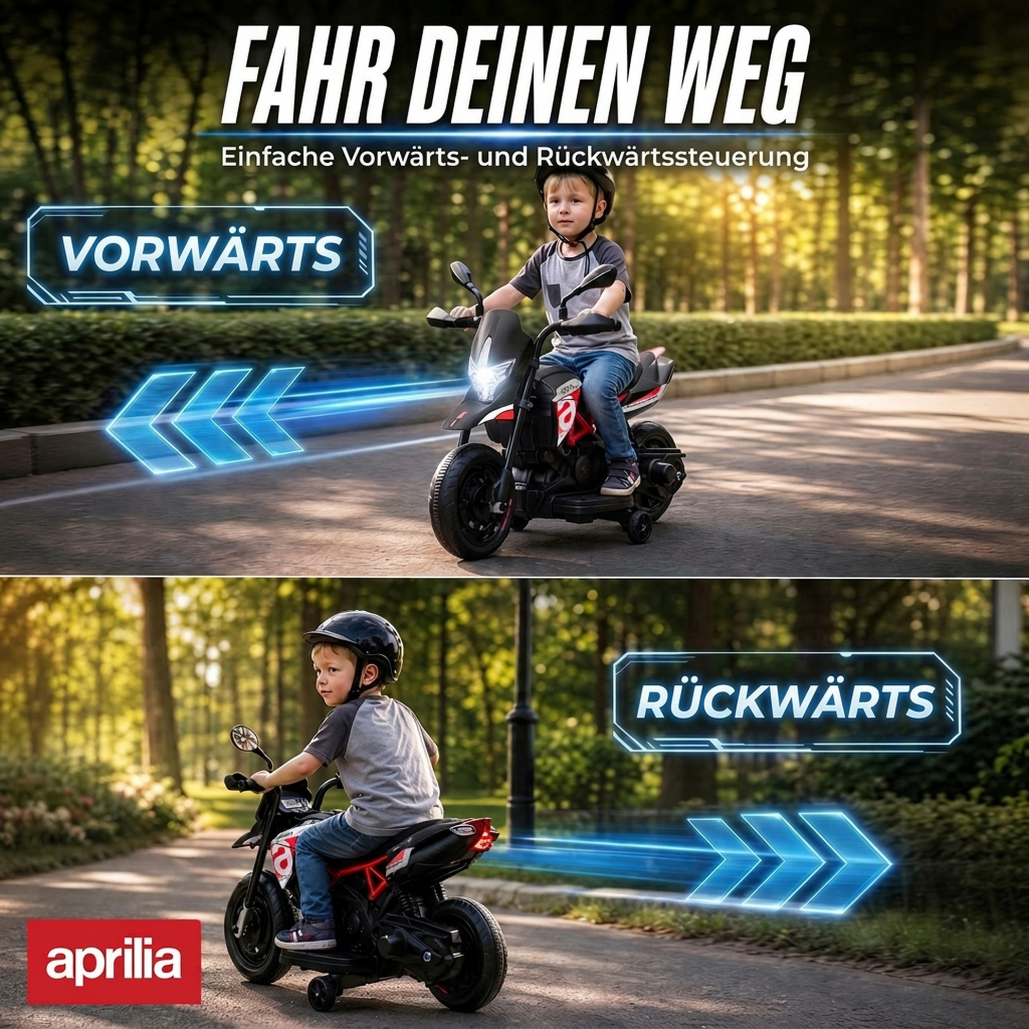 Elektro Motorrad Kinder APRILIA 6 V Elektromotorrad mit Lithium Akku 25W Motor 30° Lenkbegrenzung abnehmbar Stützrädern