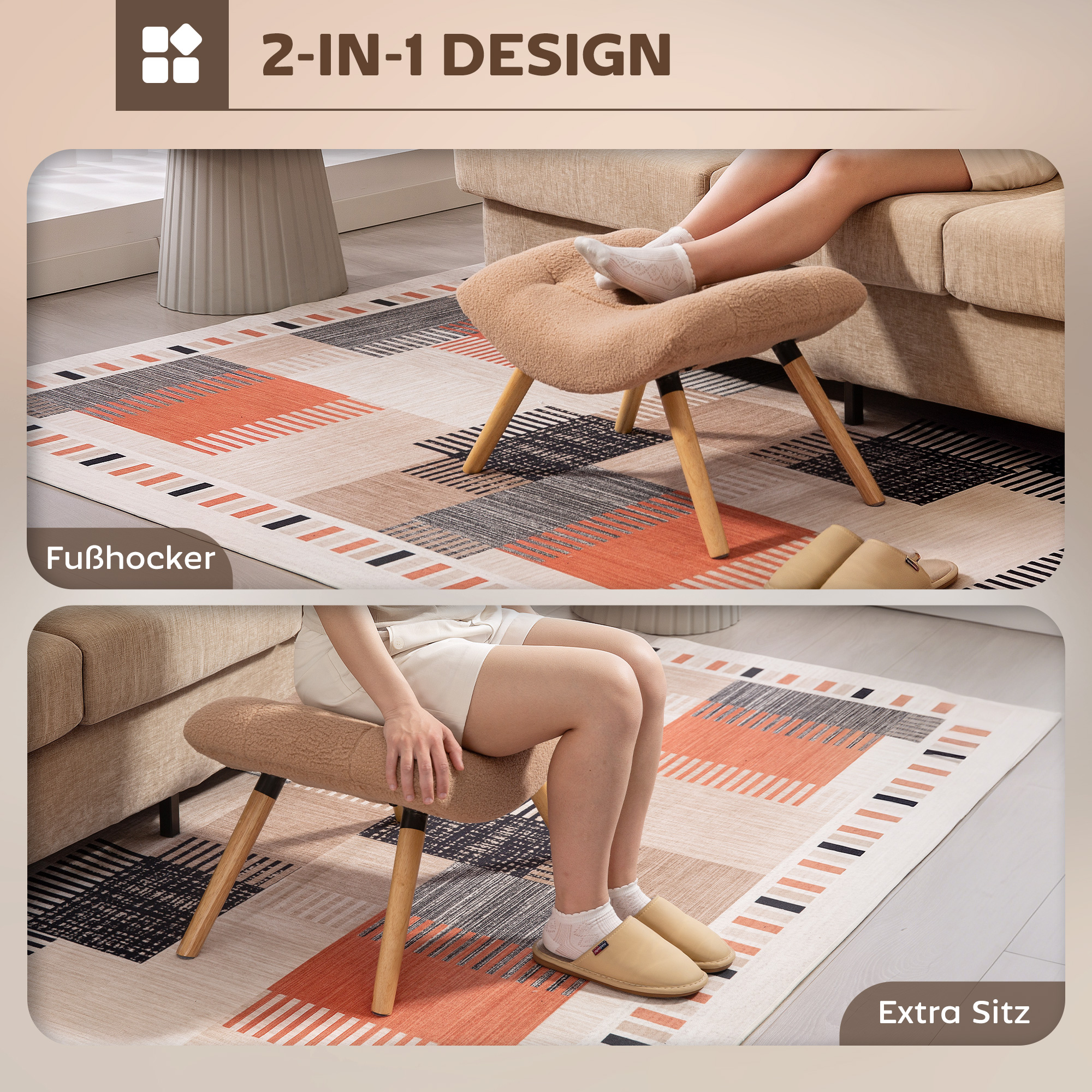 Moderner Fußhocker mit Fleece-Bezug und Holzbeinen, gepolstert, für Wohnzimmer, Schlafzimmer, Flur, Braun