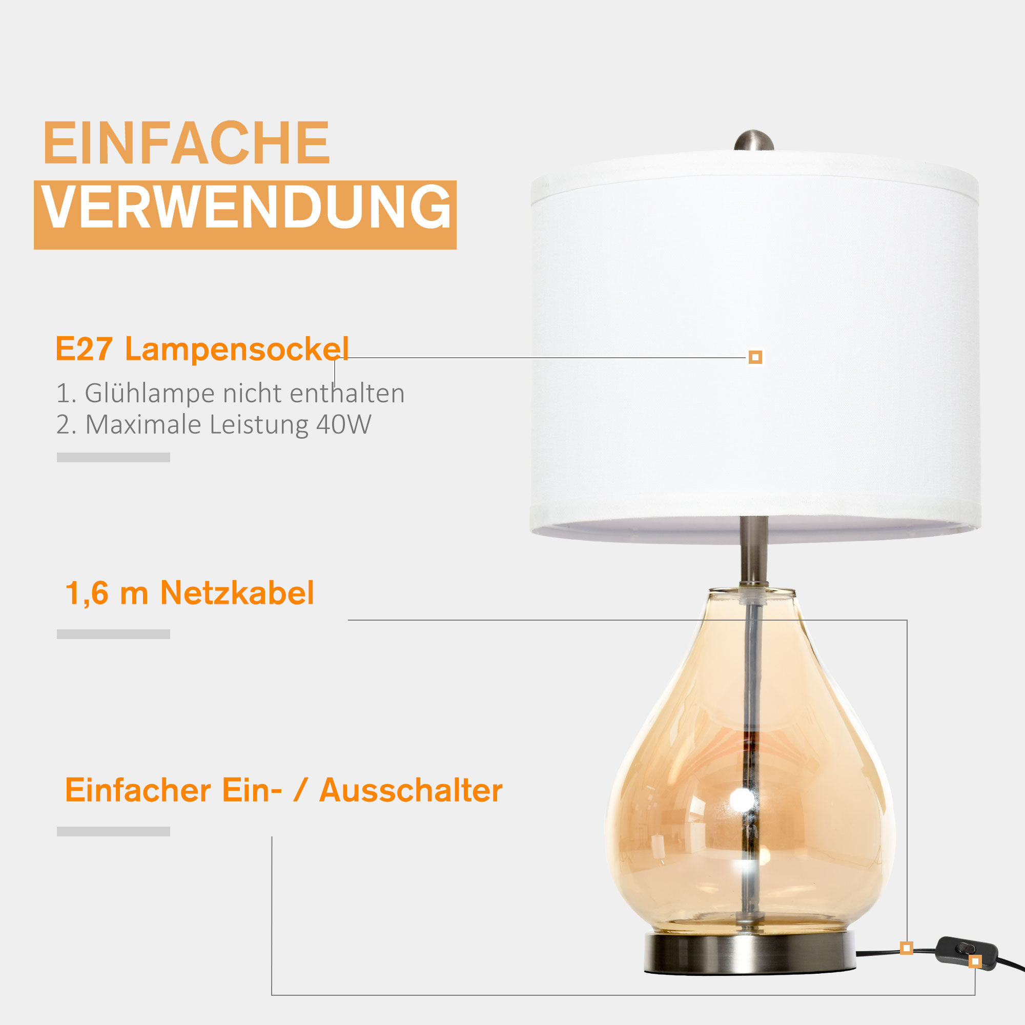 Tischlampe 2er-Set Tischleuchte mit Leinen-Lampenschirm, Glas tropfenförmigen Stangen, Nachttischlampe mit E27-Fassung, für Schlafzimmer, Wohnzimmer, Weiß