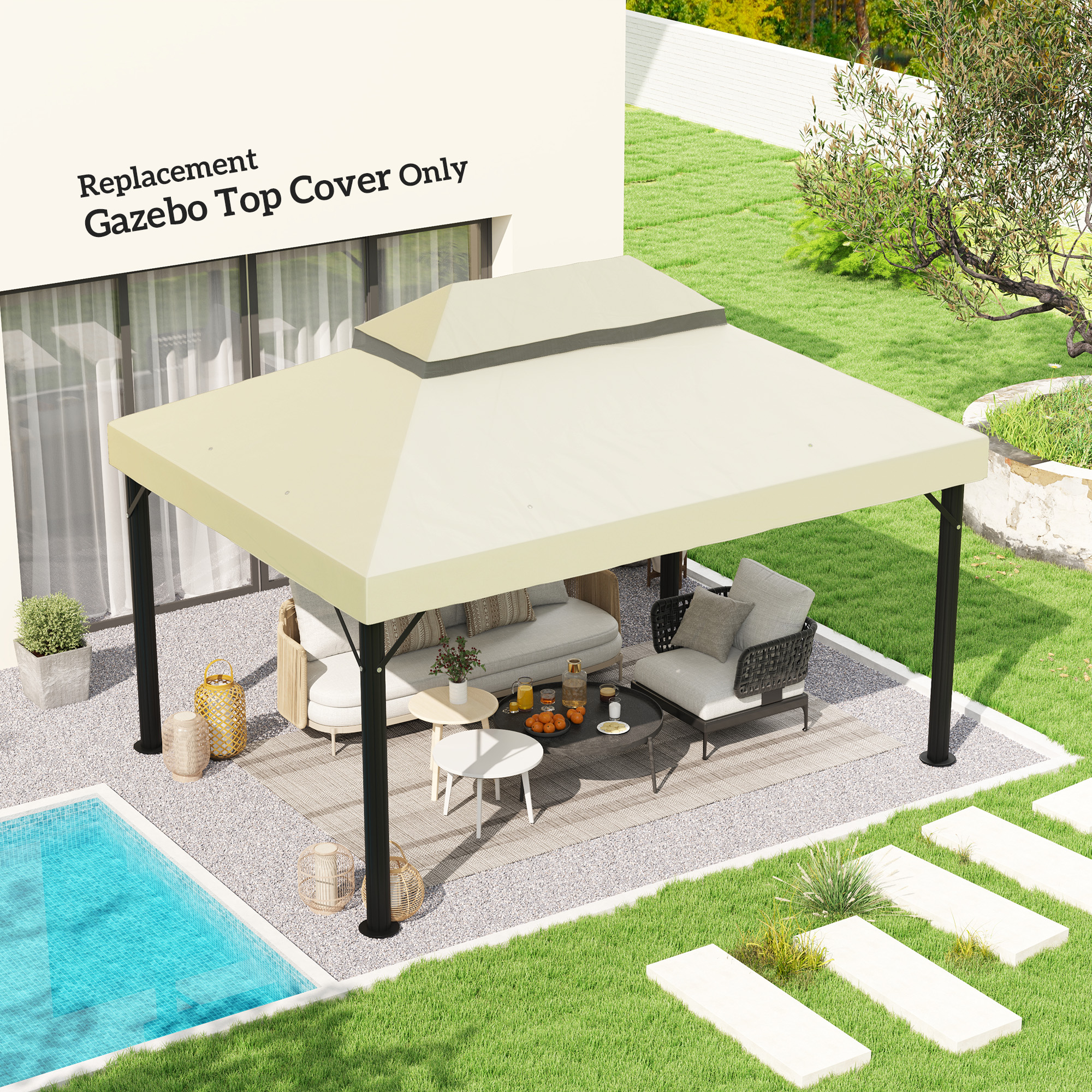 Pavillon-Ersatzdach, 3 x 4 m, Ersatzplane mit Wasserablauf-Öffnungen, Polyester, Sonnenschutz, UPF30+, Cremeweiß