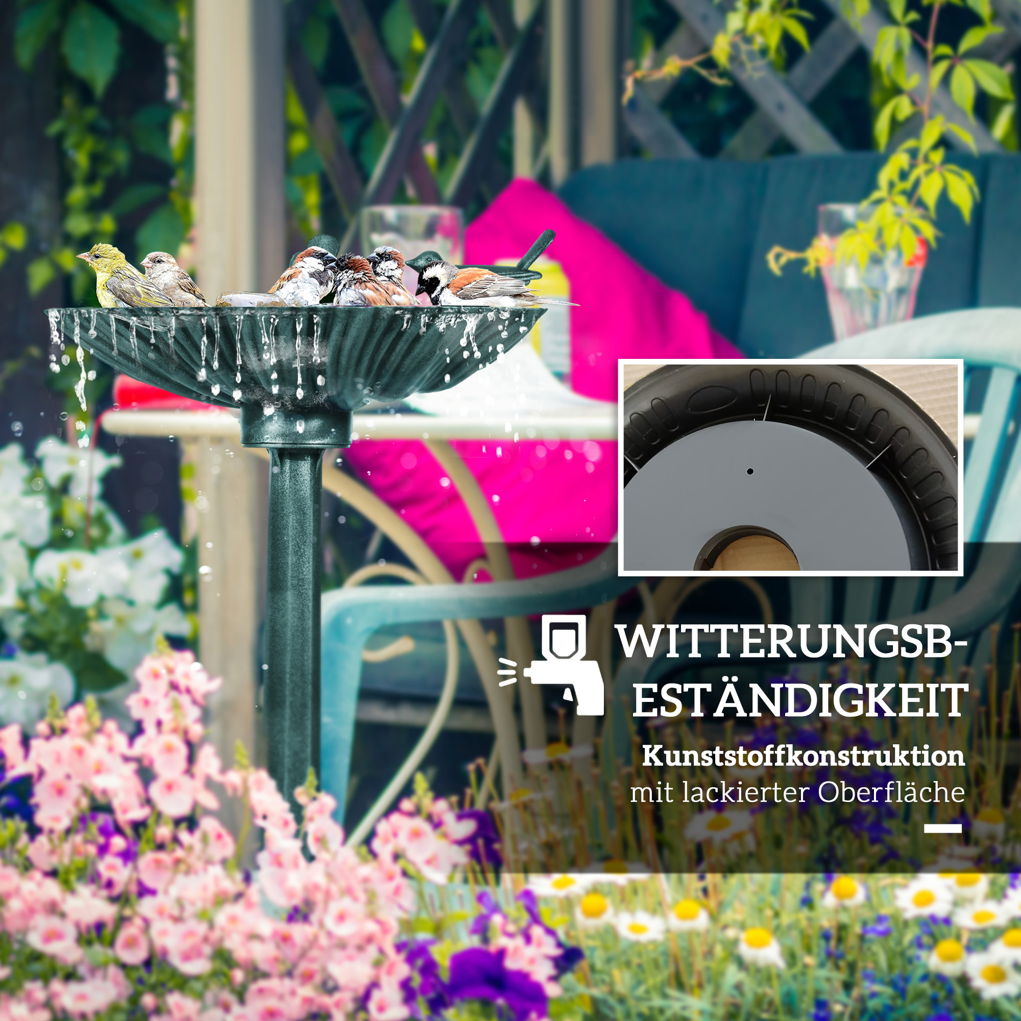 Vogeltränke, Vogelbad mit Statuen, 2 Becken, Kunststoff, antiker Look, 49,5L x 38B x 81H cm, Dunkelgrün