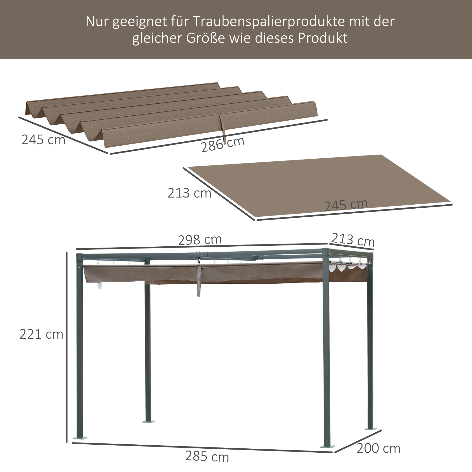 Ersatzdach für 2,85 x 2 m Gartenpavillon, ausziehbar, einfache Montage, Polyester, Kaffee
