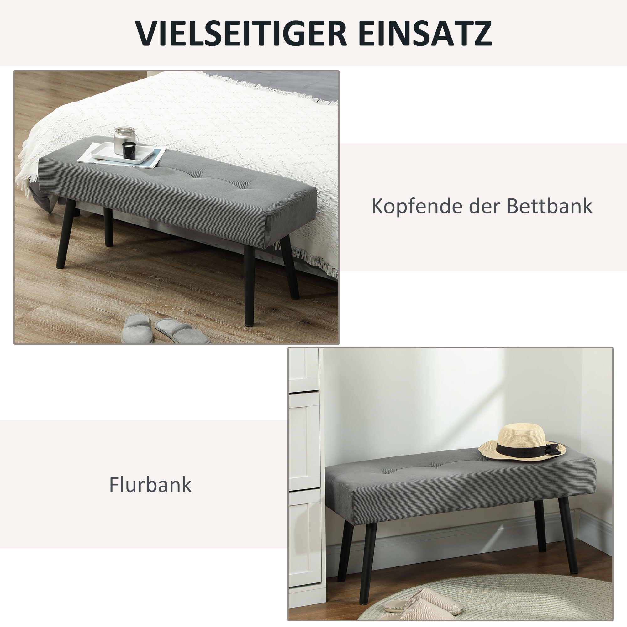 Sitzbank Polsterbank mit Cordbezug, Bettbank mit Metallbeine, Schuhbank 100 x 36 x 45 cm Grau